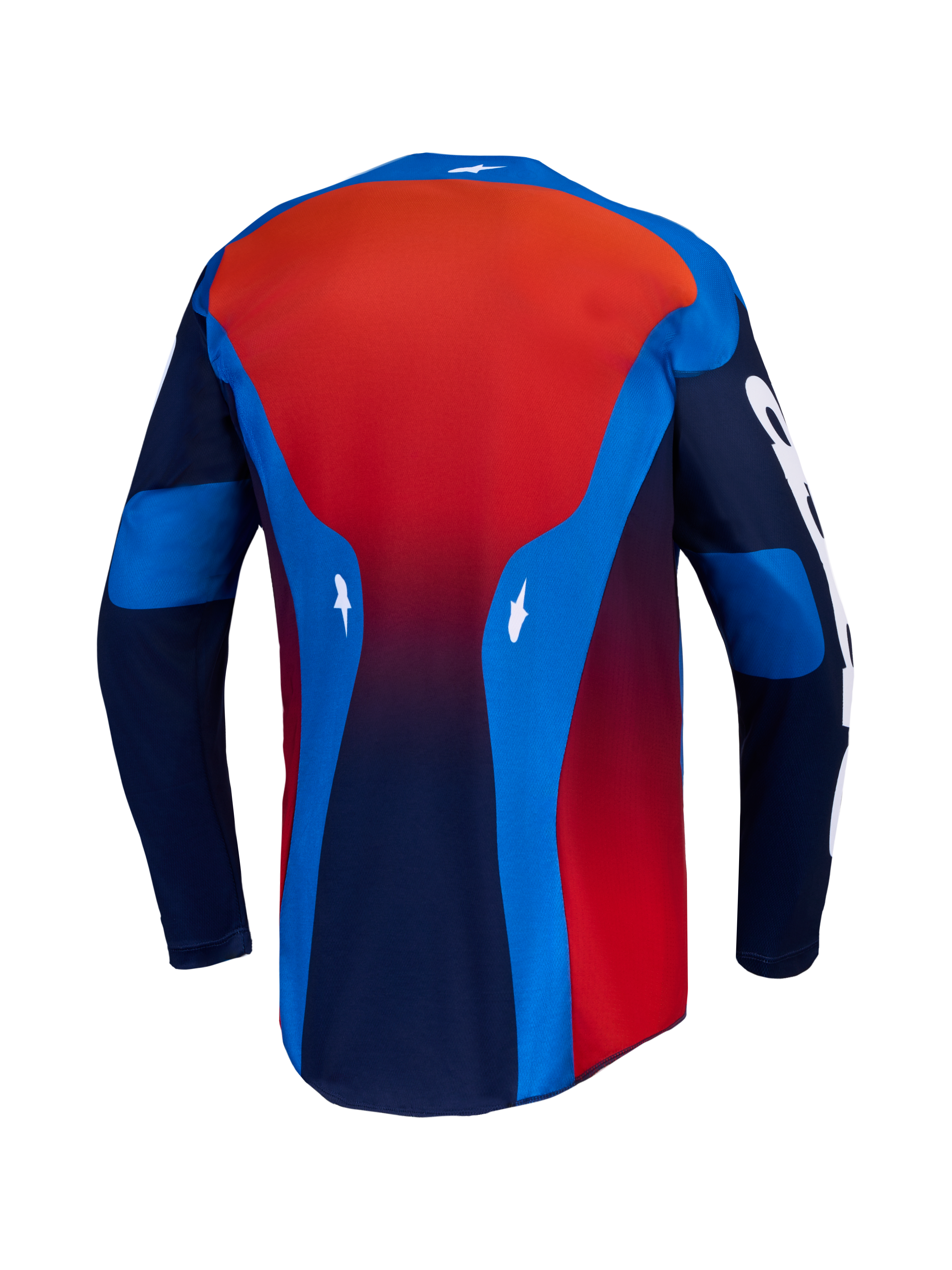 Alpinestars 2027 Racer Hunt Trikot, blau-rotes Herren-Motocrosstrikot, Rückansicht mit feuchtigkeitsableitendem, langem Saum.