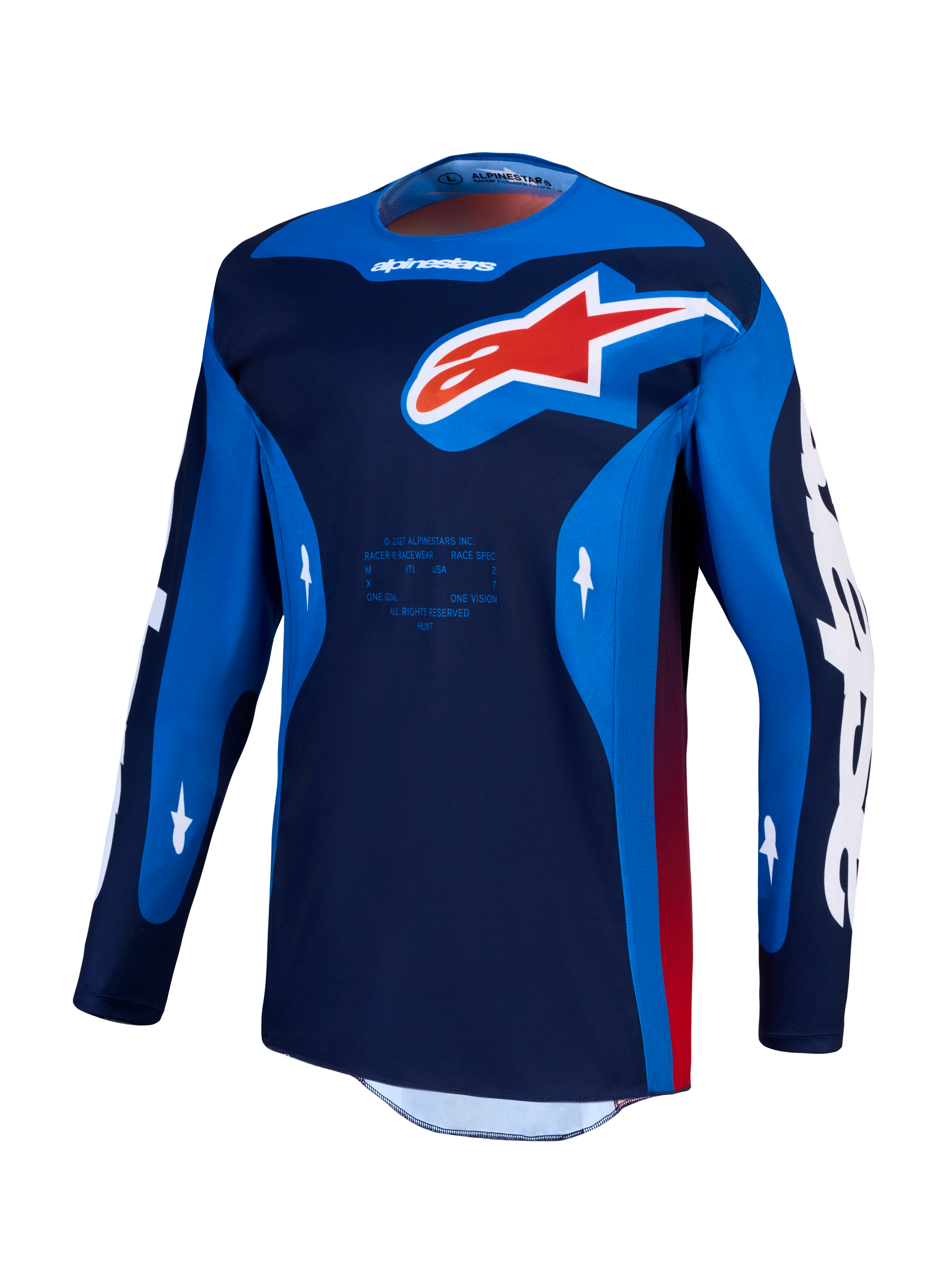 Alpinestars Racer Hunt Trikot, Herren-Motocross-Ausrüstung, Navyblau und Königsblau mit rotem Logo, Performance Offroad-Bekleidung