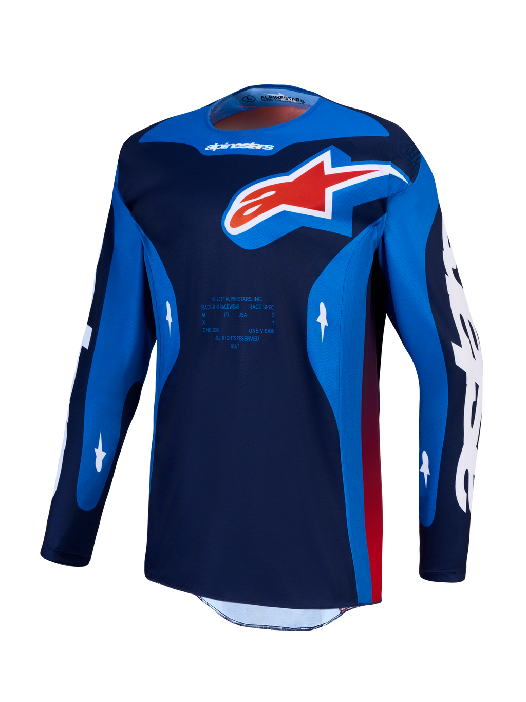 Alpinestars Racer Hunt Trikot, Motocross-Trikot für Herren, Blau und Rot, feuchtigkeitsableitende Polygewebe-Konstruktion.