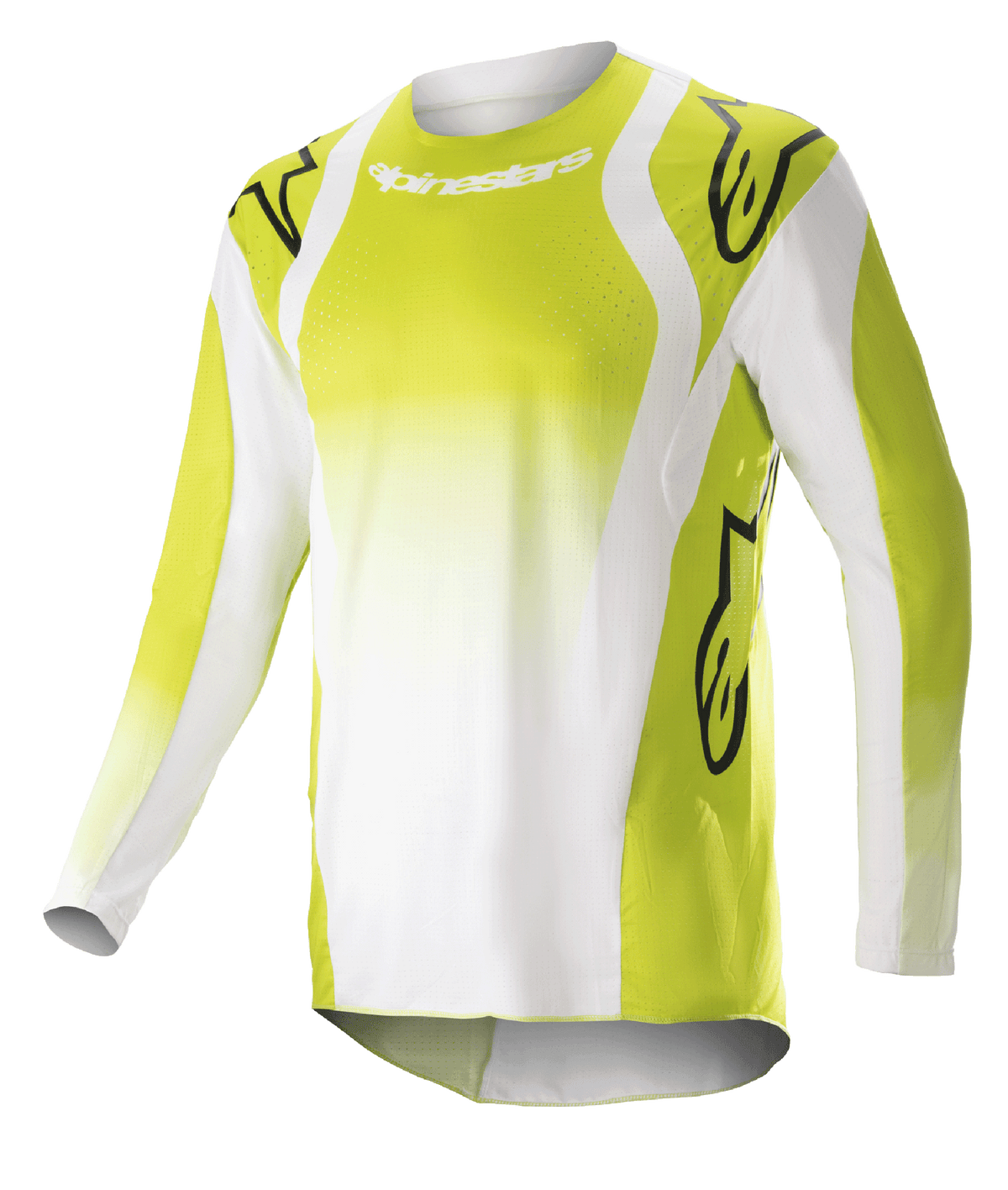 Alpinestars 2023 Techstar Push Trikot, Langarm-Motocross-Jersey, Gelb Fluo und Weiß, mit großen schwarzen Astars-Logos auf Schultern und Ärmeln, perforiertem Funktionsmaterial, Rundhalsausschnitt und verlängertem Rückensaum für den Offroad-Rennsport