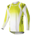 Alpinestars 2023 Techstar Push Jersey, Motocross Long-Sleeve Jersey, Yellow Fluo and White, featuring large black Astars logos on shoulders and sleeves, perforated performance fabric, round neckline, and extended back hem for off-road racing