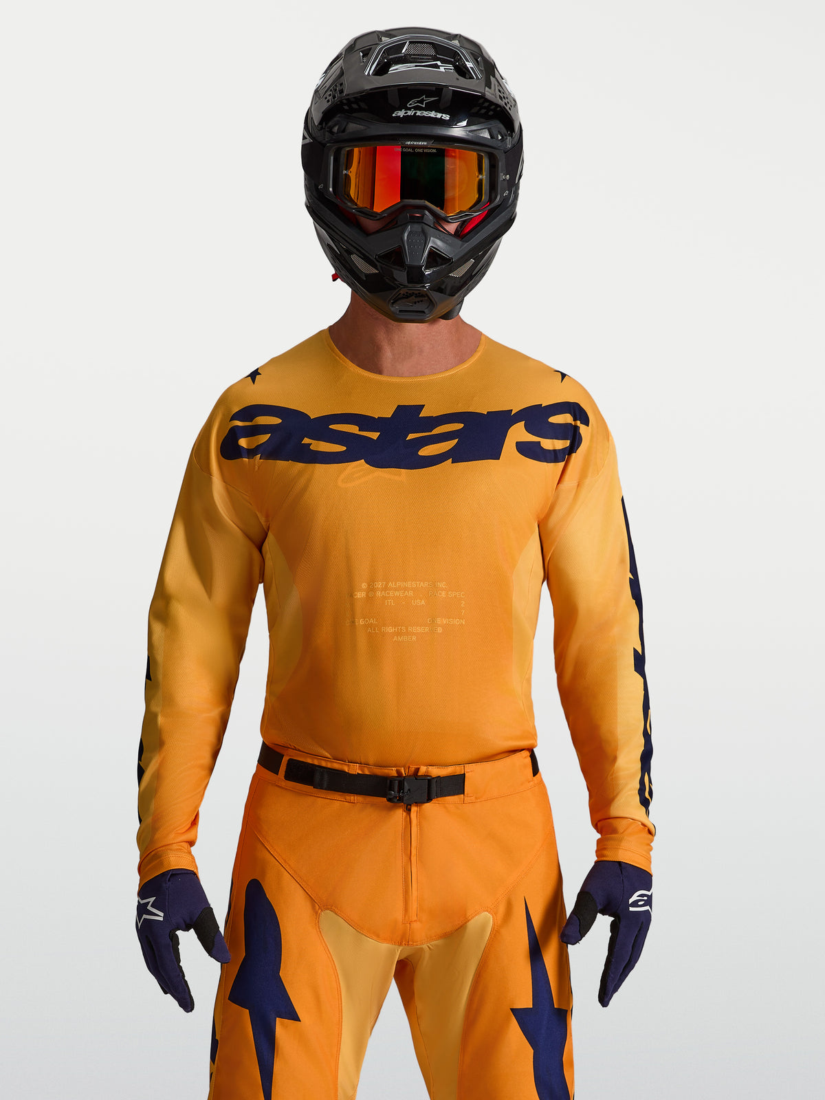 Alpinestars Racer Amber Jersey, Motocross Racing Jersey, Men's, Orange and Deep Blue, moisture-wicking polyfabric.
