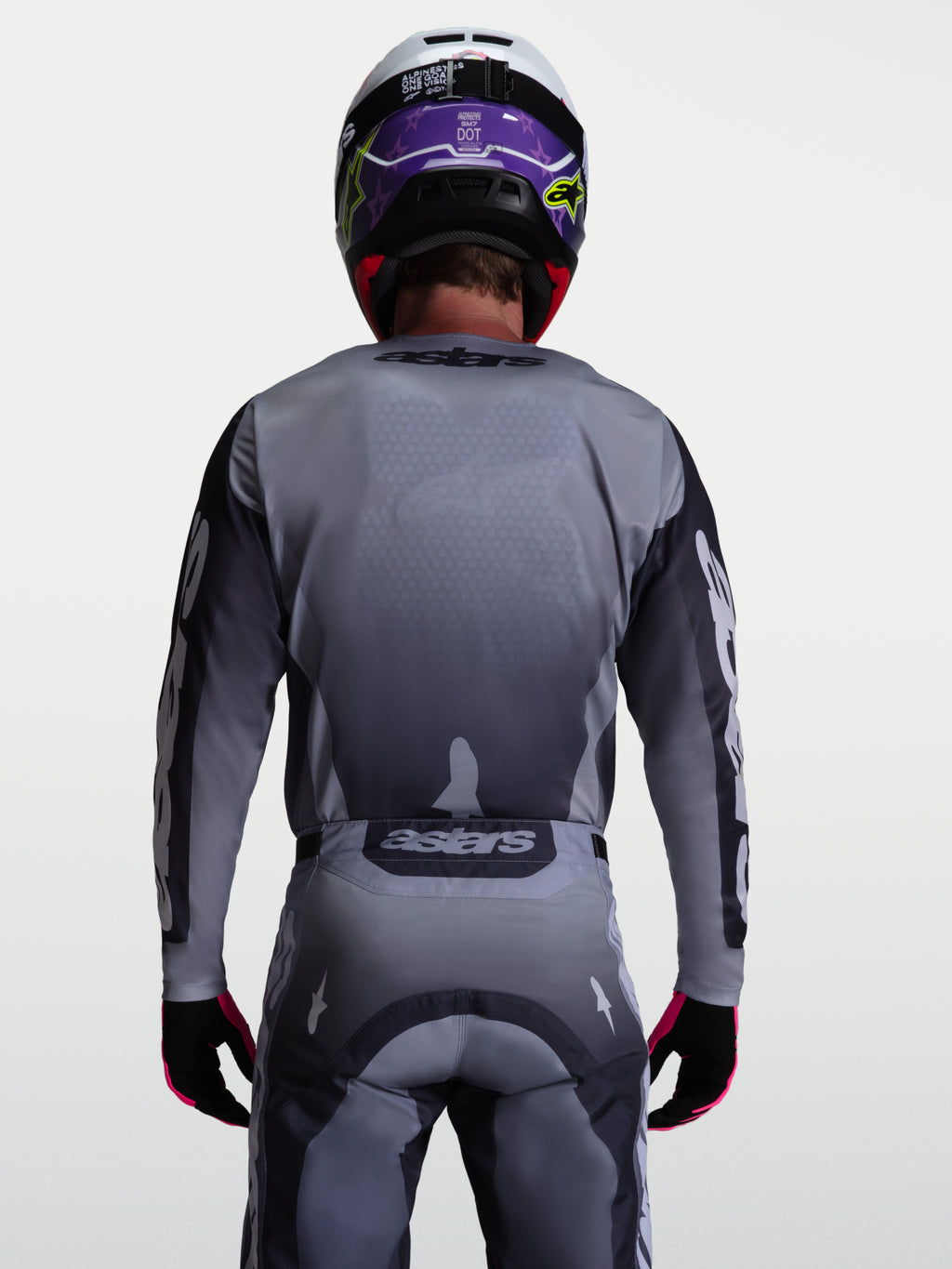 Alpinestars Racer Amber Trikot, Motocross-Trikot für Offroad-Fahrten, Rückansicht, Grau und Helllila, atmungsaktives Material