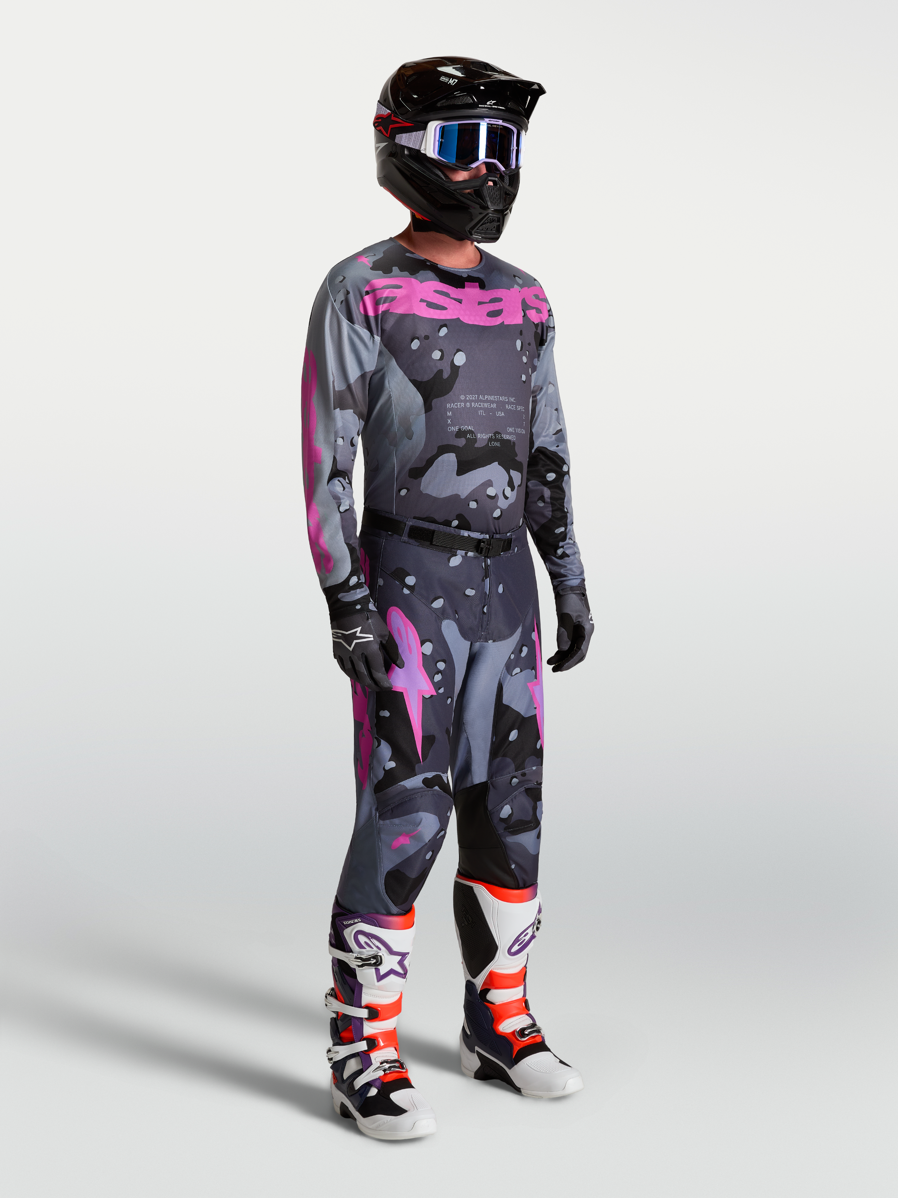 Alpinestars Racer Lone Trikot und Ausrüstungsset, Motocross-Racing, Herren, Grau-Camo und Lila, mit Hose und Stiefeln