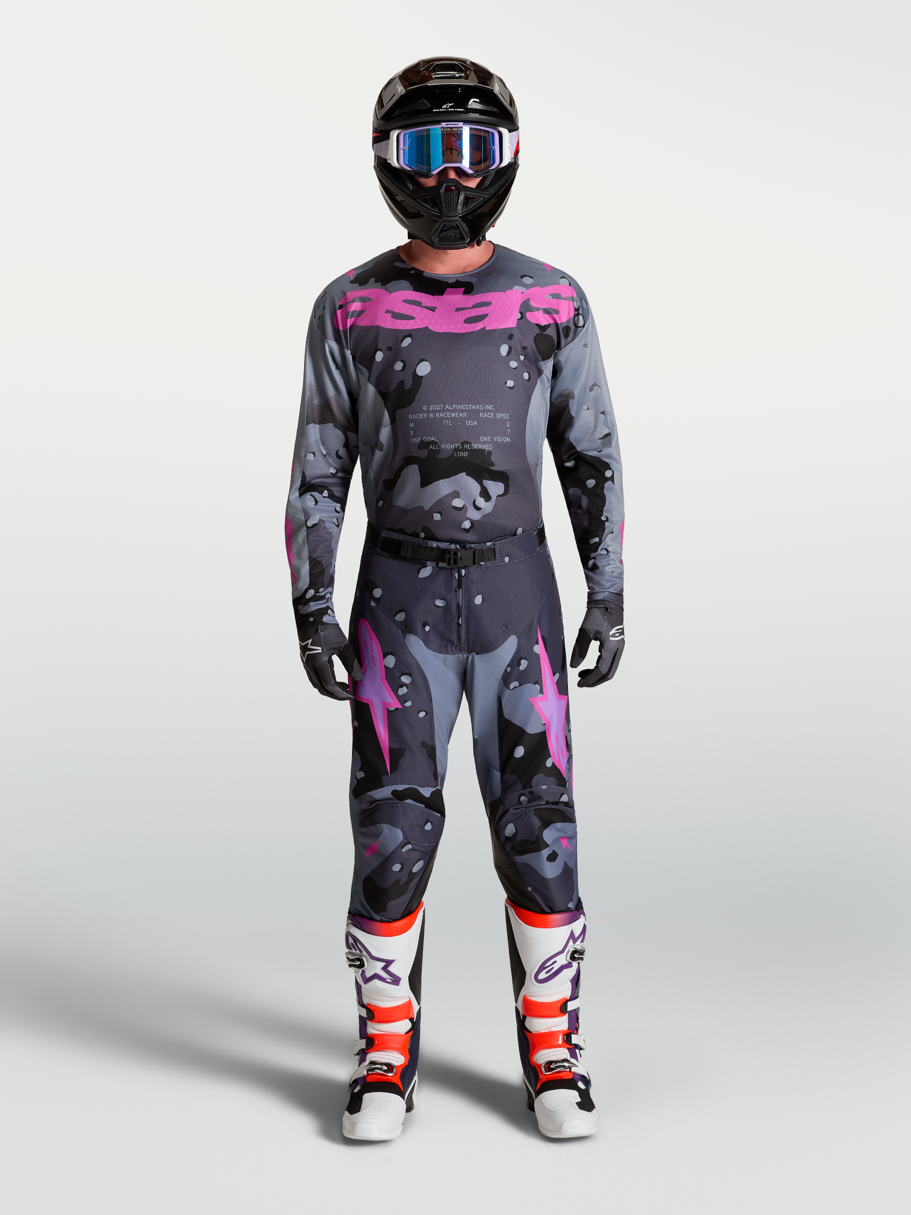 Alpinestars Racer Lone Hose und Gear Set, Motocross-Rennausrüstung, Herren, Grau Camouflage und Lila, mit Trikot und Stiefeln