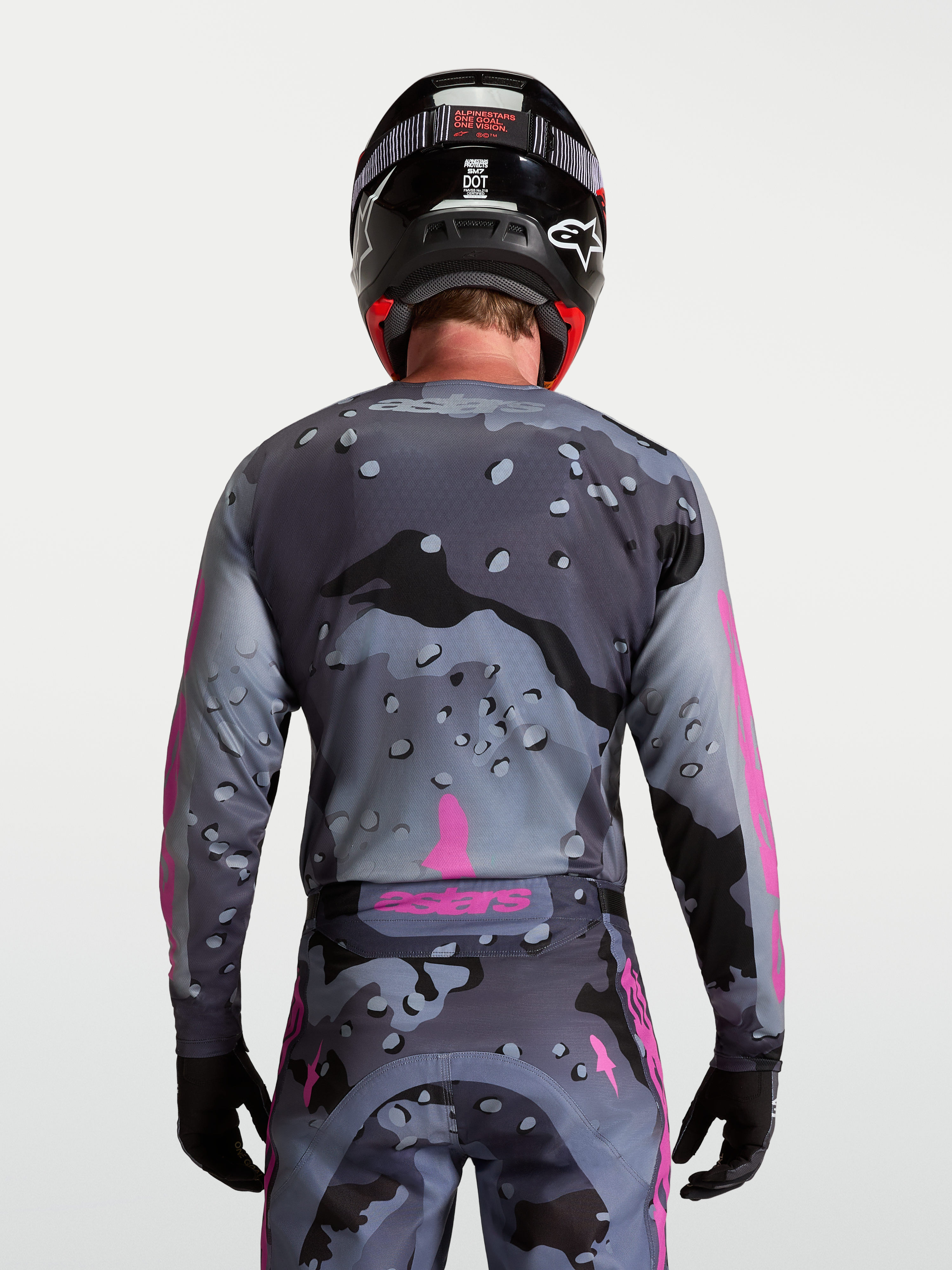 Alpinestars Racer Lone Motocross-Trikot für Herren, Grau-Camo und Lila, Rückansicht, feuchtigkeitsableitendes Polygewebe