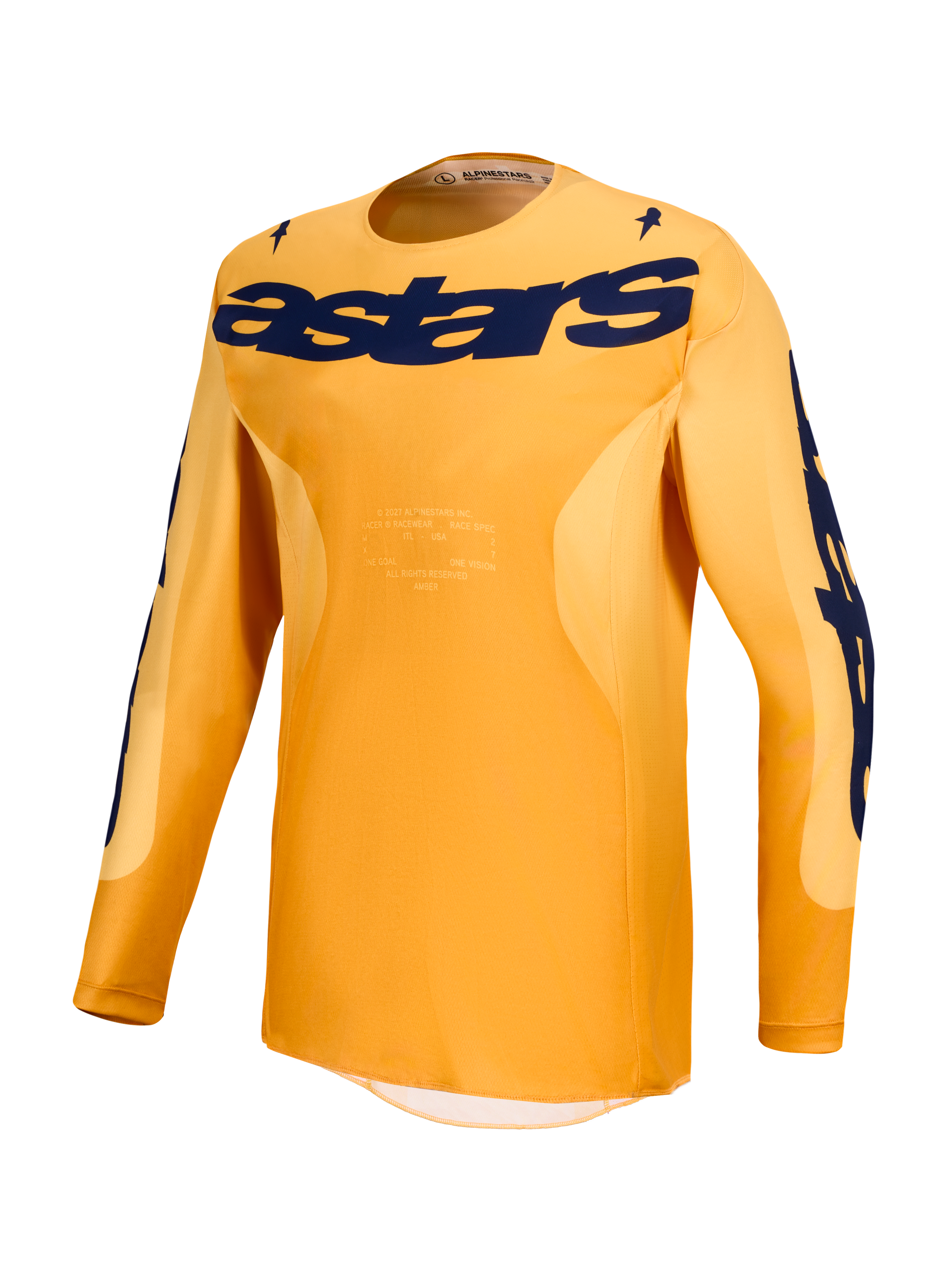 Alpinestars Racer Amber Trikot, Motocross-Trikot in Orange und Dunkelblau, feuchtigkeitsableitendes Polygewebe für Offroad.