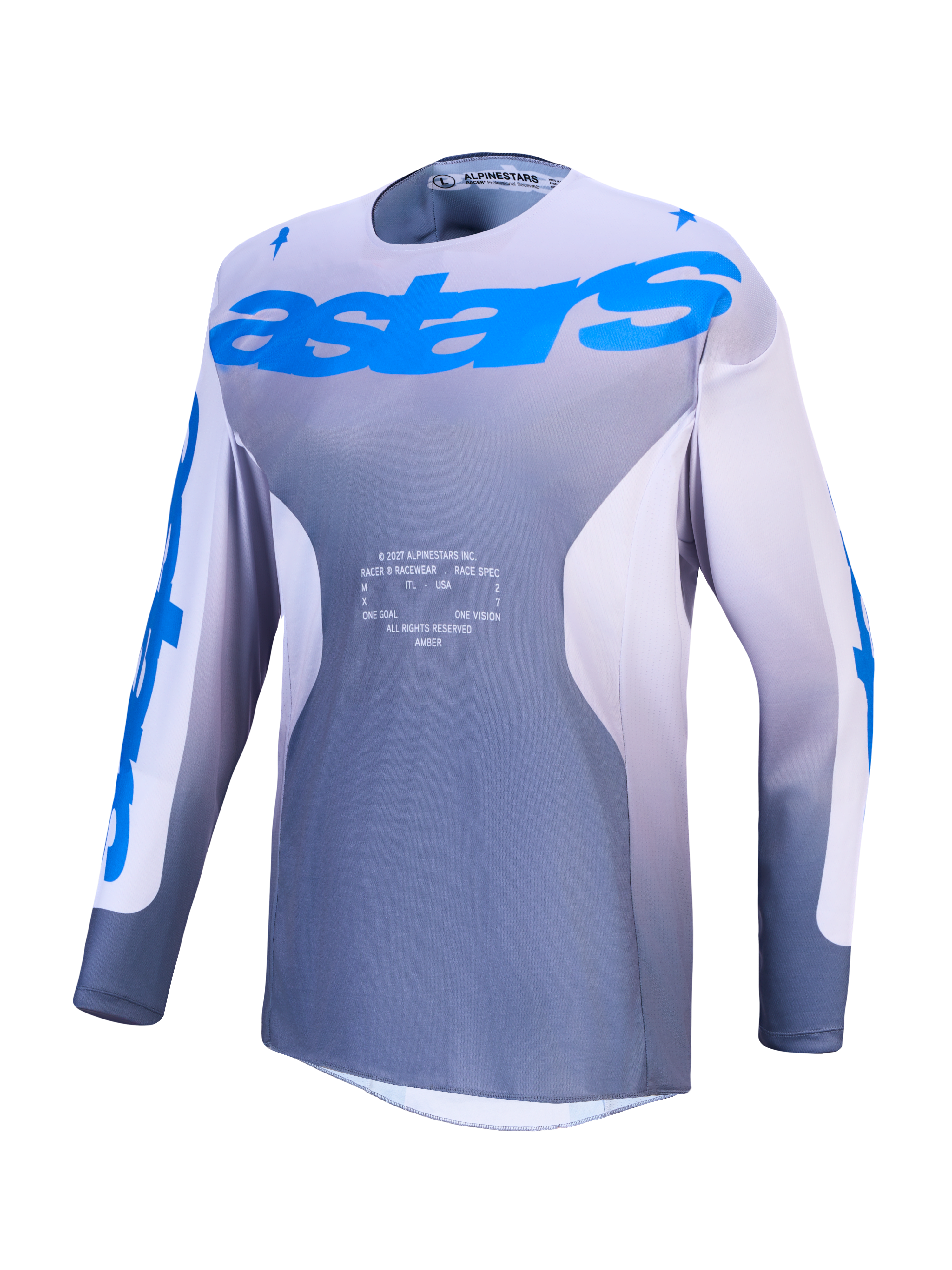 Alpinestars Racer Amber Trikot, Herren-Motocross-Trikot in Grau und Blau, feuchtigkeitsableitendes, belüftetes Polygewebe.