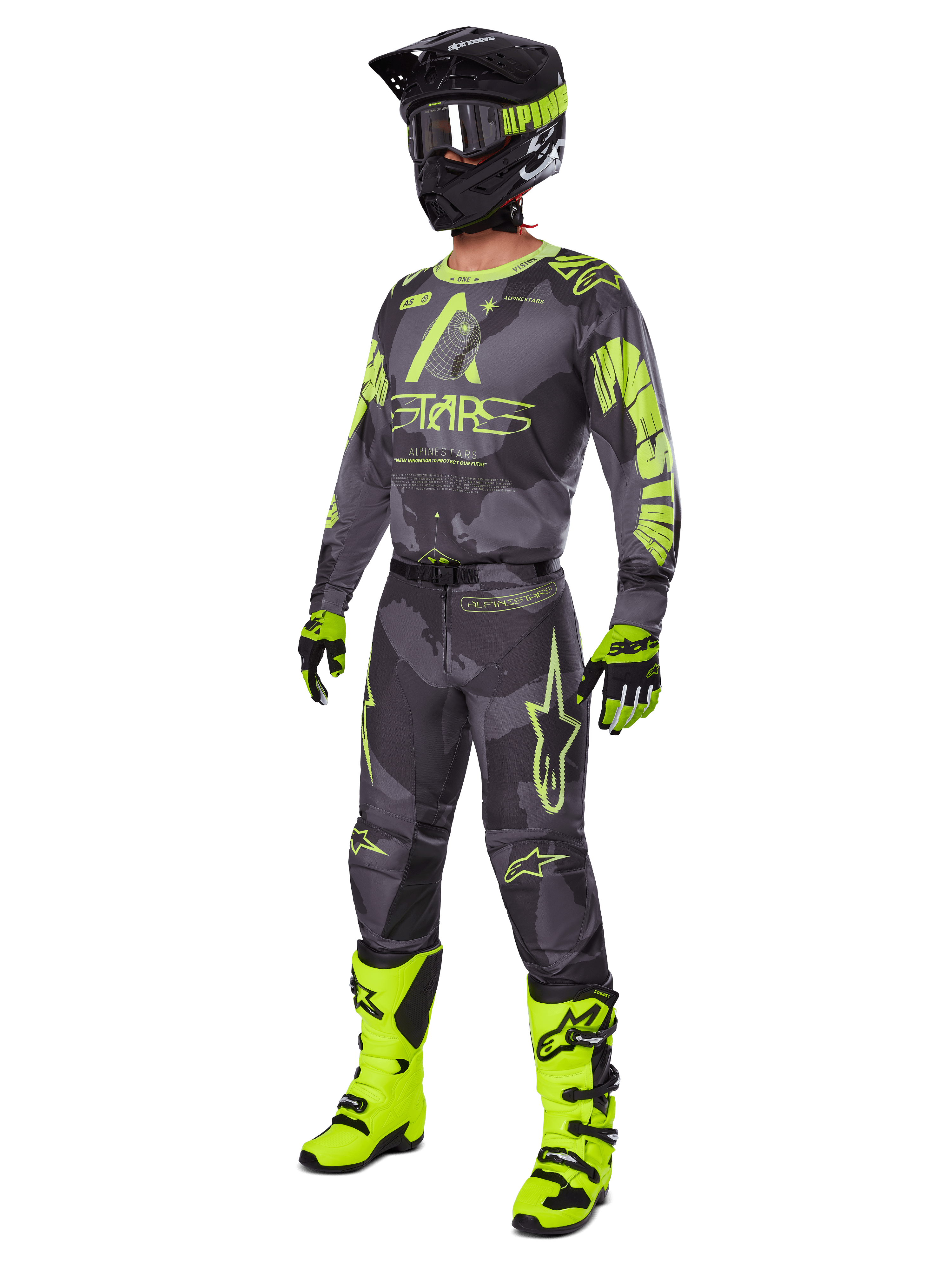 Alpinestars 2025 Racer Hollow Ausrüstungsset, komplettes Motocross-Outfit, graues Camouflage-Muster und Neongelb, inklusive Trikot, Hose, passendem schwarz-gelbem Helm, Brille, Handschuhen und leuchtend gelben Stiefeln, Hochleistungs-Offroad-Rennbekleidung