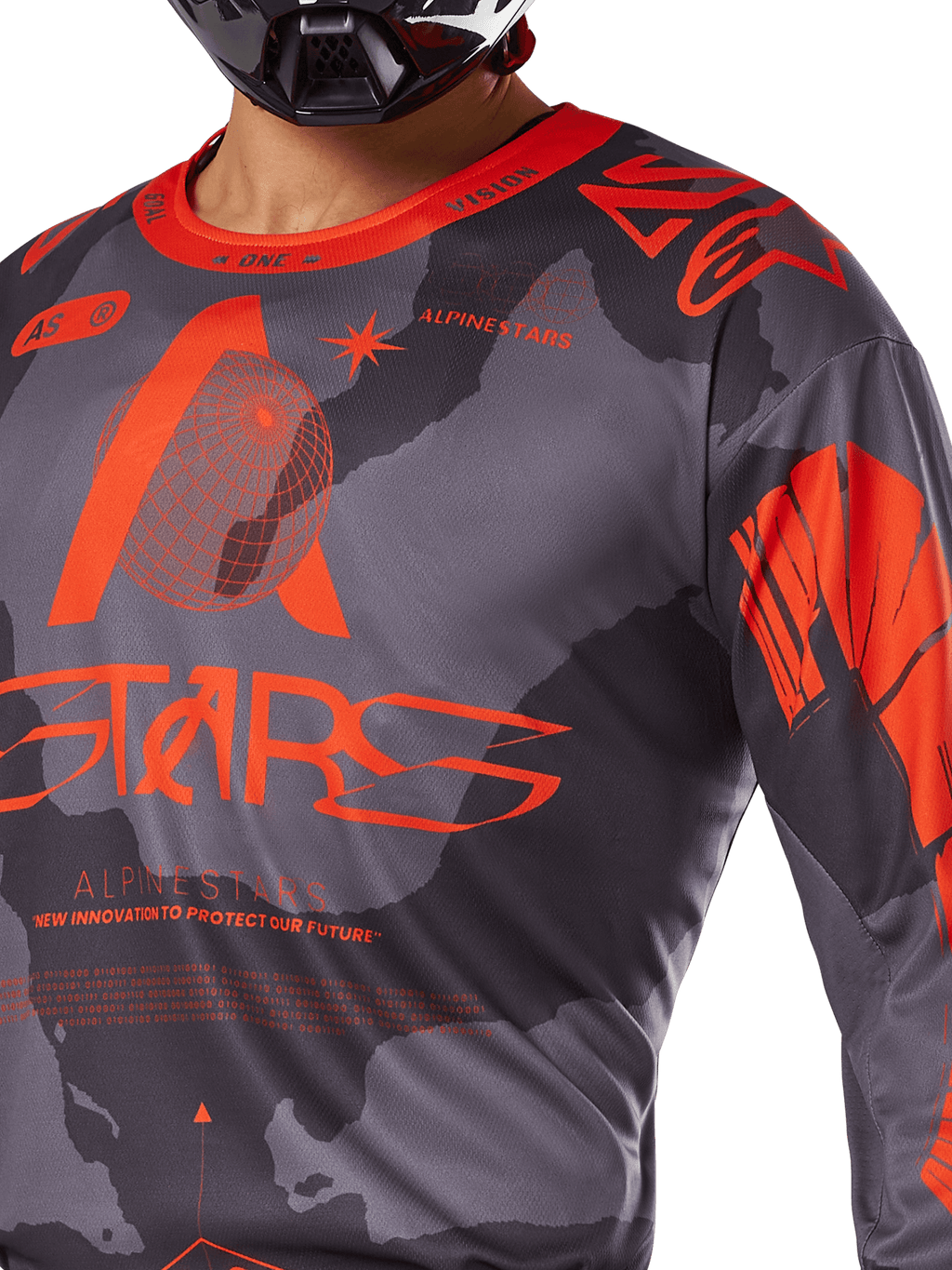 Alpinestars 2025 Racer Hollow Trikot, Motocross-Trikot, Grau-Camo und Orange Fluo, mit großem orangefarbenem Alpinestars-Branding und technischen Grafiken, Rundhalsausschnitt, entwickelt für leistungsstarkes Offroad-Fahren
