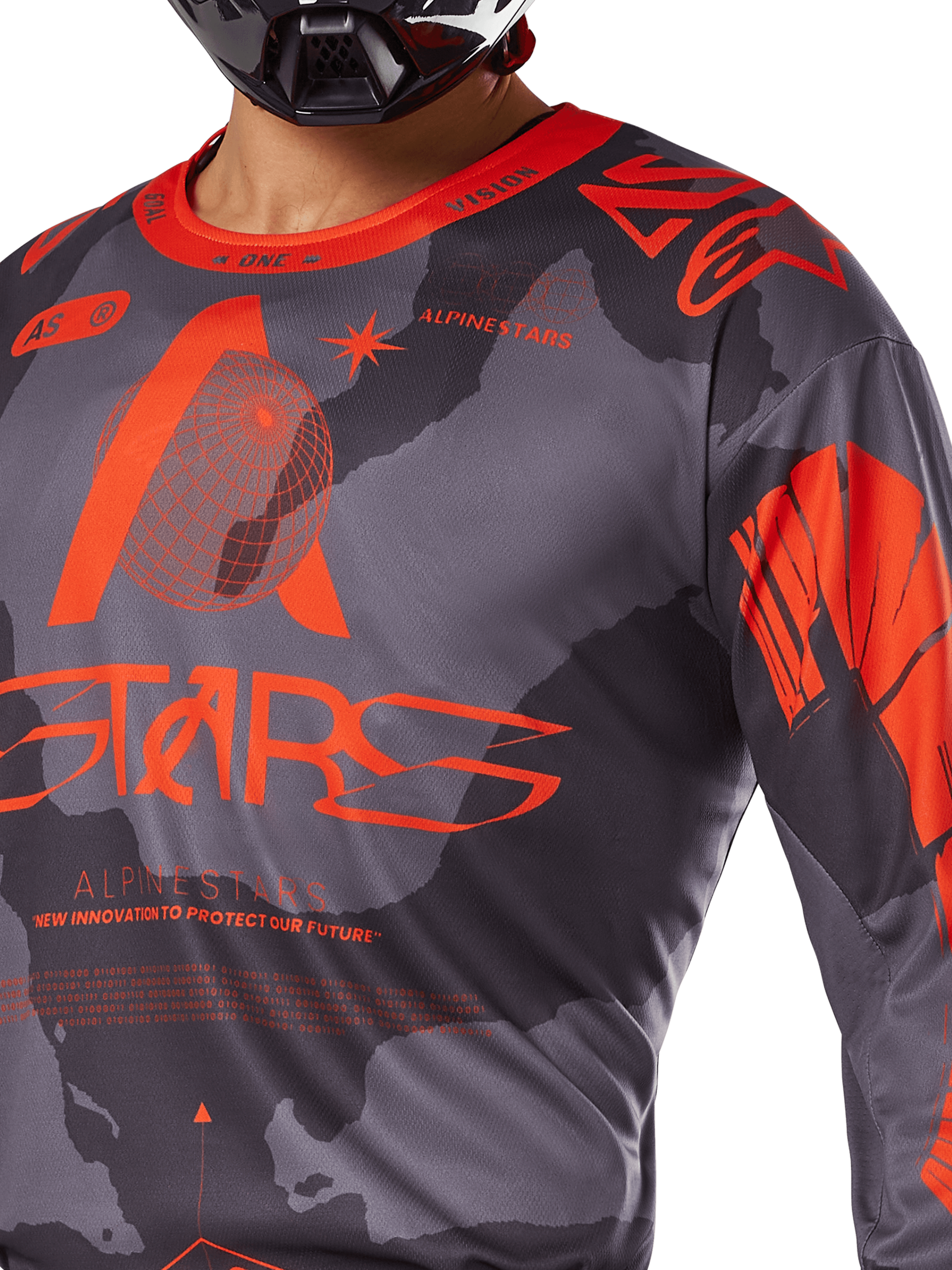 Alpinestars 2025 Racer Hollow Trikot, Motocross-Trikot, Grau-Camo und Orange Fluo, mit großem orangefarbenem Alpinestars-Branding und technischen Grafiken, Rundhalsausschnitt, entwickelt für leistungsstarkes Offroad-Fahren