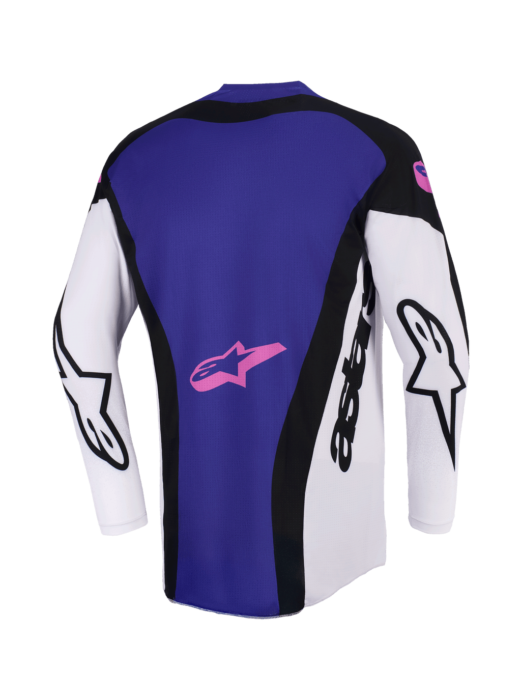 Alpinestars 2026 Techstar Knif Jersey, Motocross-Trikot, Schwarz, Hellgrau und Lila, Rückansicht mit großer lila Rückenpartie und pinkem Stern-Logo, weiße Ärmel mit schwarzem Alpinestars-Branding, sportliche Rennpassform.