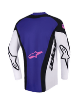 Alpinestars 2026 Techstar Knif Jersey, Motocross Jersey, Black Light Gray and Purple, rear view showing a large purple back panel with a pink star logo, white sleeves with black Alpinestars branding, athletic race fit.