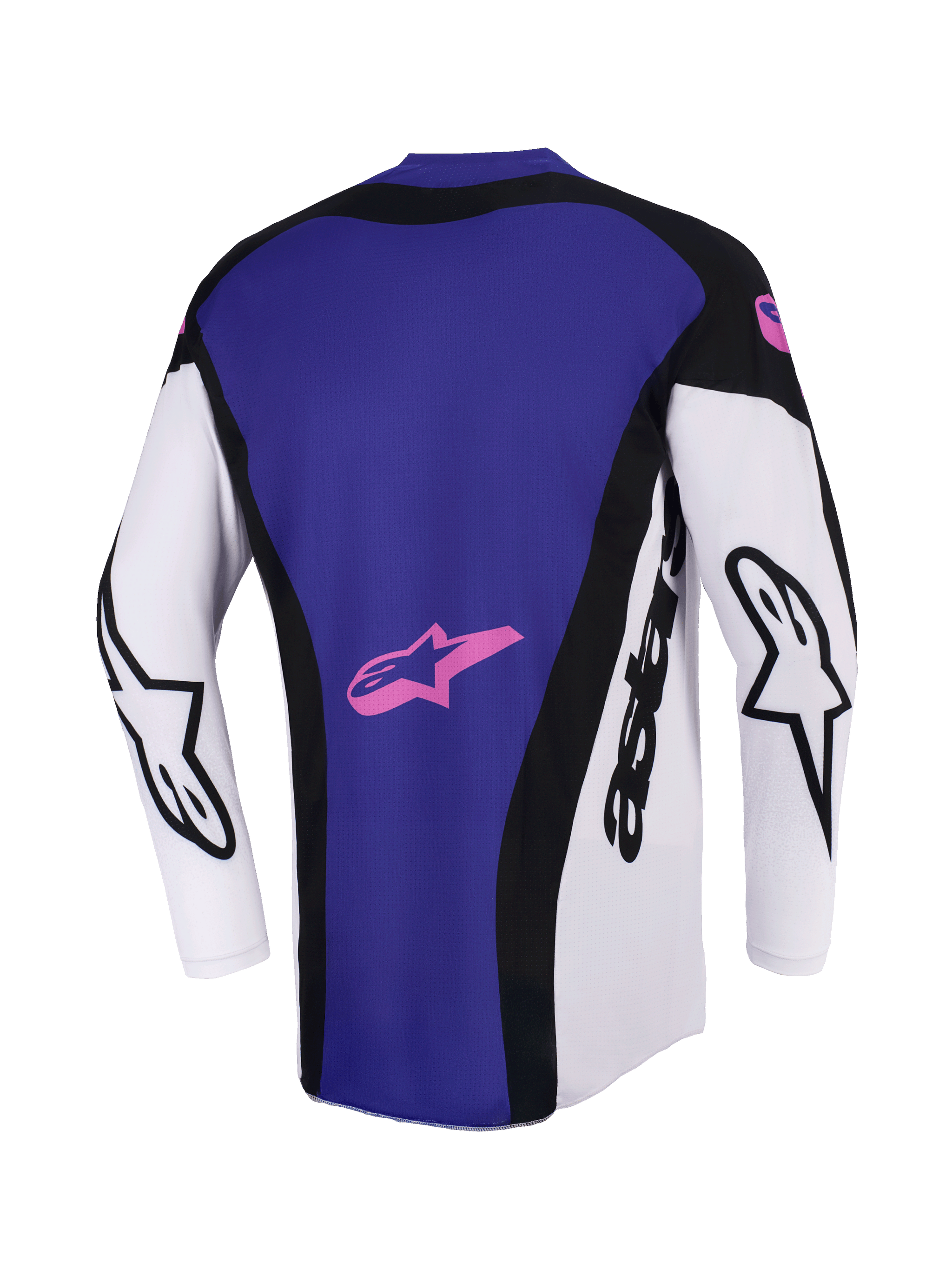 Alpinestars 2026 Techstar Knif Jersey, Motocross Jersey, Black Light Gray and Purple, rear view showing a large purple back panel with a pink star logo, white sleeves with black Alpinestars branding, athletic race fit.