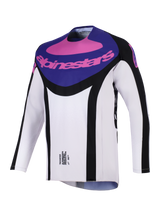 Alpinestars 2026 Techstar Knif Jersey, Motocross Jersey, Black Light Gray and Purple, featuring a purple chest panel with pink Alpinestars branding, black side accents, and lightweight moisture-wicking fabric for off-road performance.
