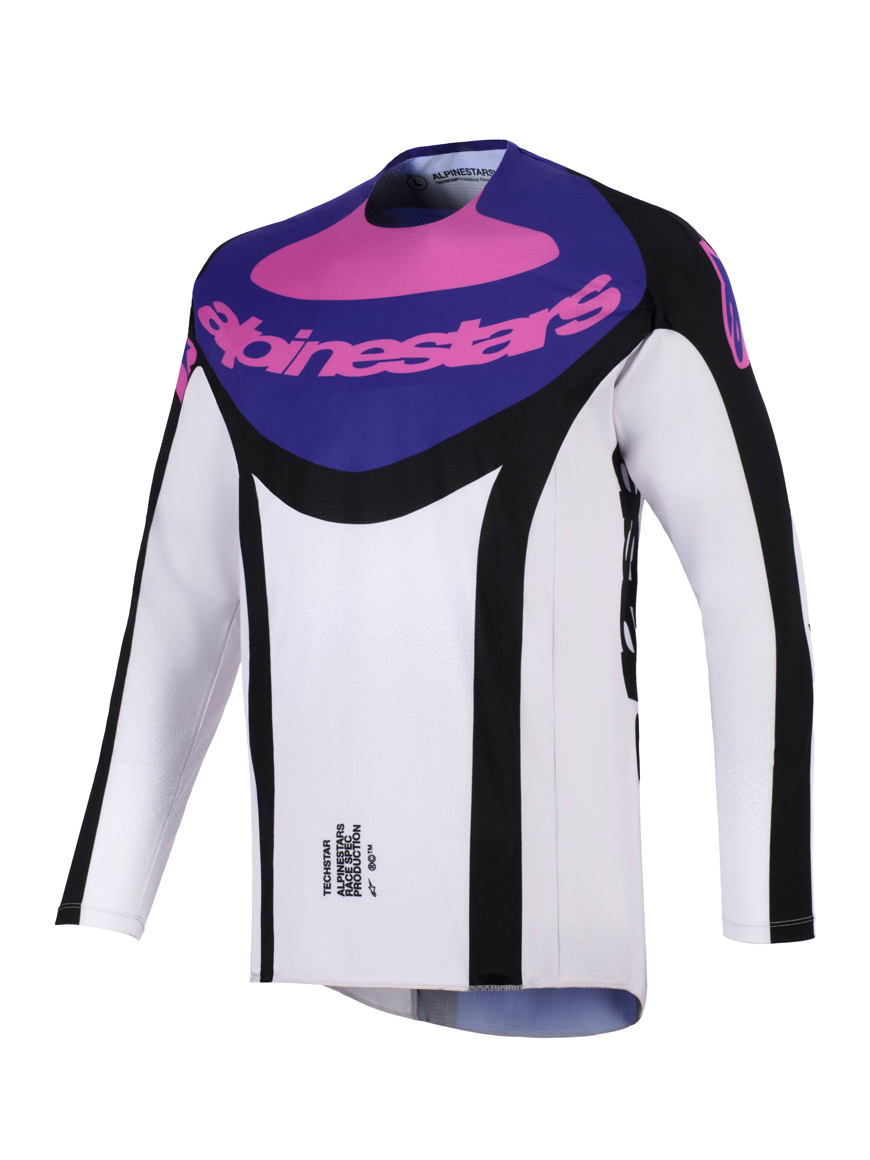 Alpinestars 2026 Techstar Knif Jersey, Motocross-Trikot, Schwarz, Hellgrau und Lila, mit lila Brustpanel, pinkfarbenem Alpinestars-Branding, schwarzen Seitenakzenten und leichtem, feuchtigkeitsableitendem Material für Offroad-Performance.
