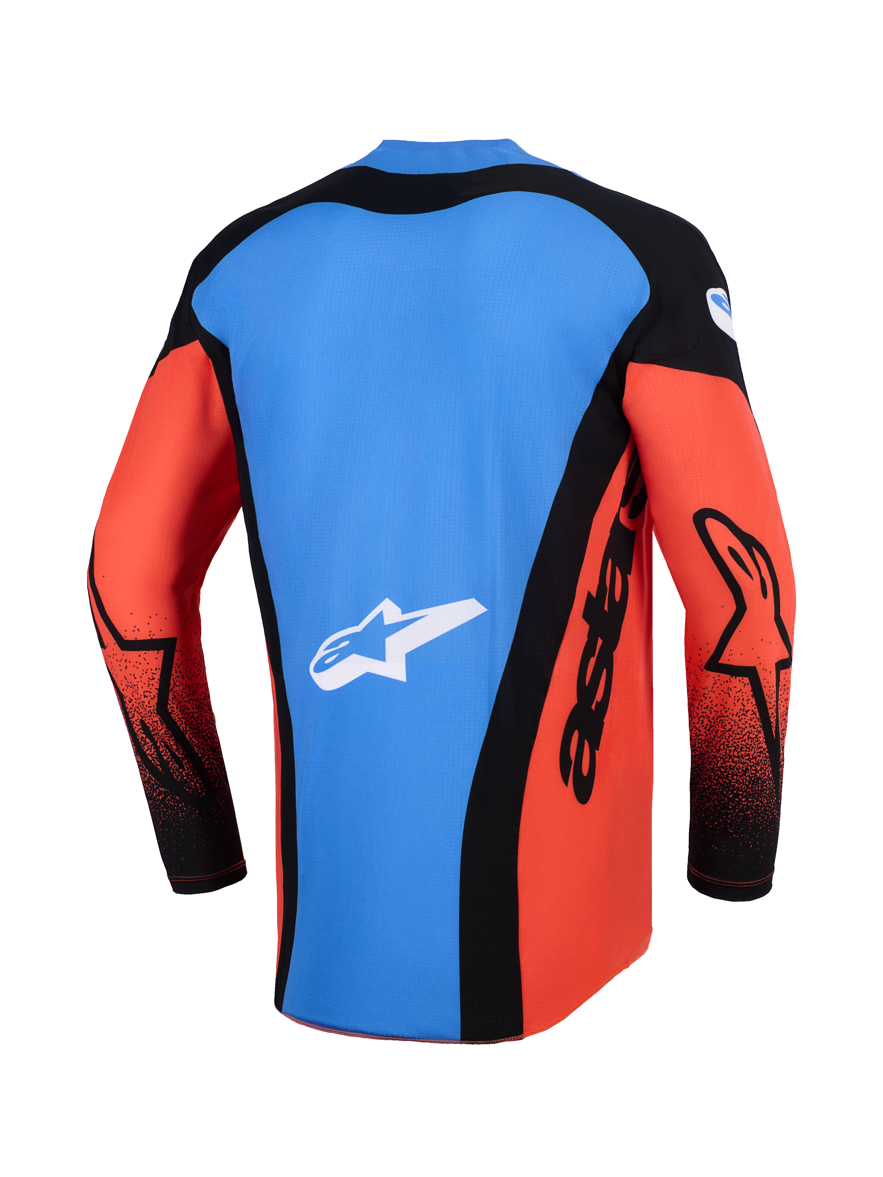 Alpinestars 2026 Techstar Knif Jersey, Motocross Jersey, Rear view in Orange Black and UCLA Blue, featuring a blue back panel with white star logo, black side panels with 'astars' branding, and orange sleeves with black accents, lightweight performance gear for off-road racing