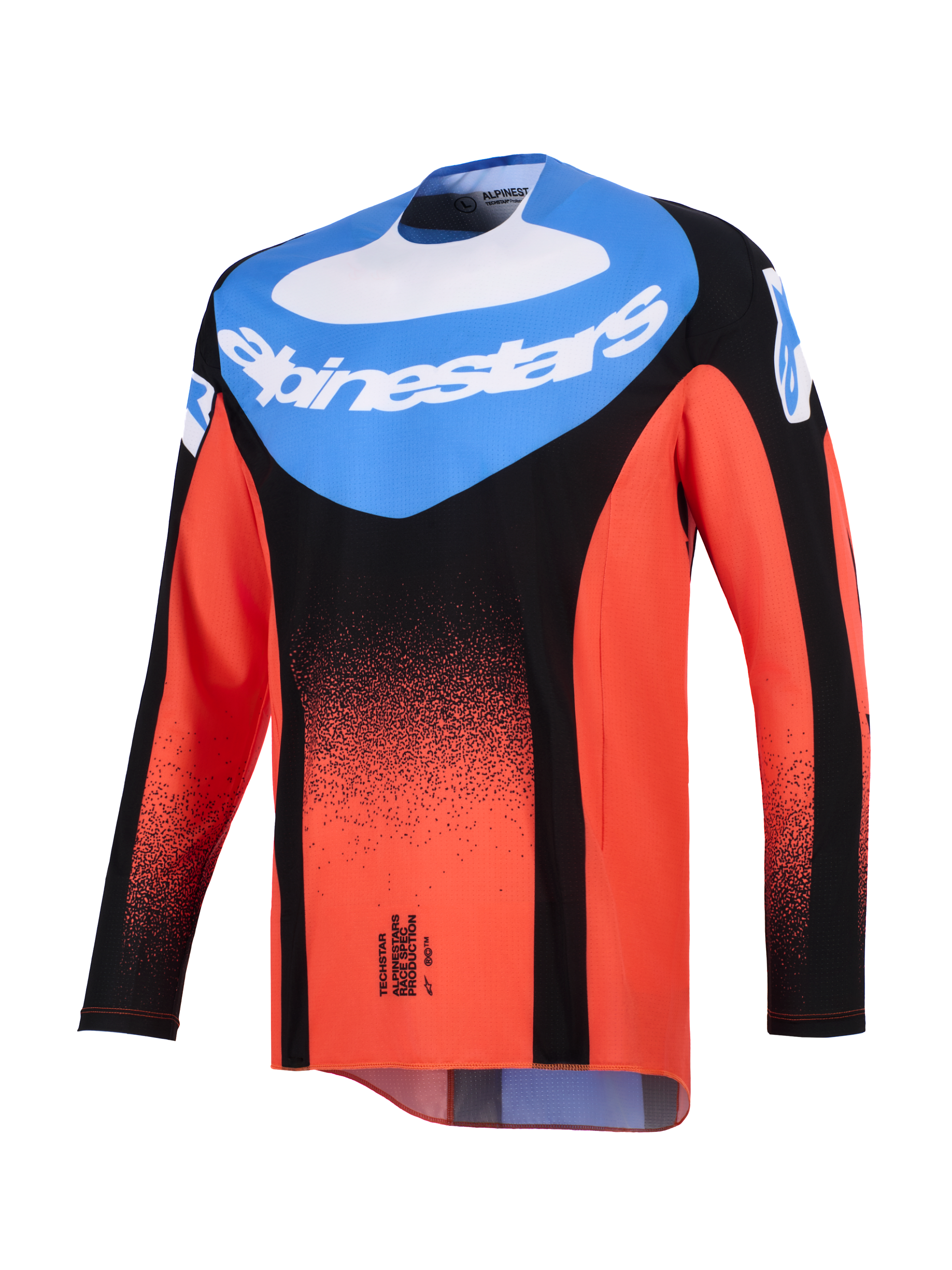Alpinestars 2026 Techstar Knif Jersey, Motocross-Trikot, Orange, Schwarz und UCLA Blau, Vorderansicht mit einem blauen Brusteinsatz mit weißem Alpinestars-Logo und einem schwarzen punktierten Farbverlauf auf den orangenen Ärmeln und dem Körper, Performance-Offroad-Rennausrüstung.