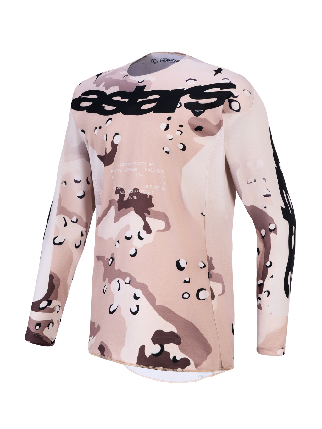 Alpinestars Racer Lone Trikot, Herren-Motocross-Oberteil in Desert-Camo und Schwarz, feuchtigkeitsableitendes Polygewebe.