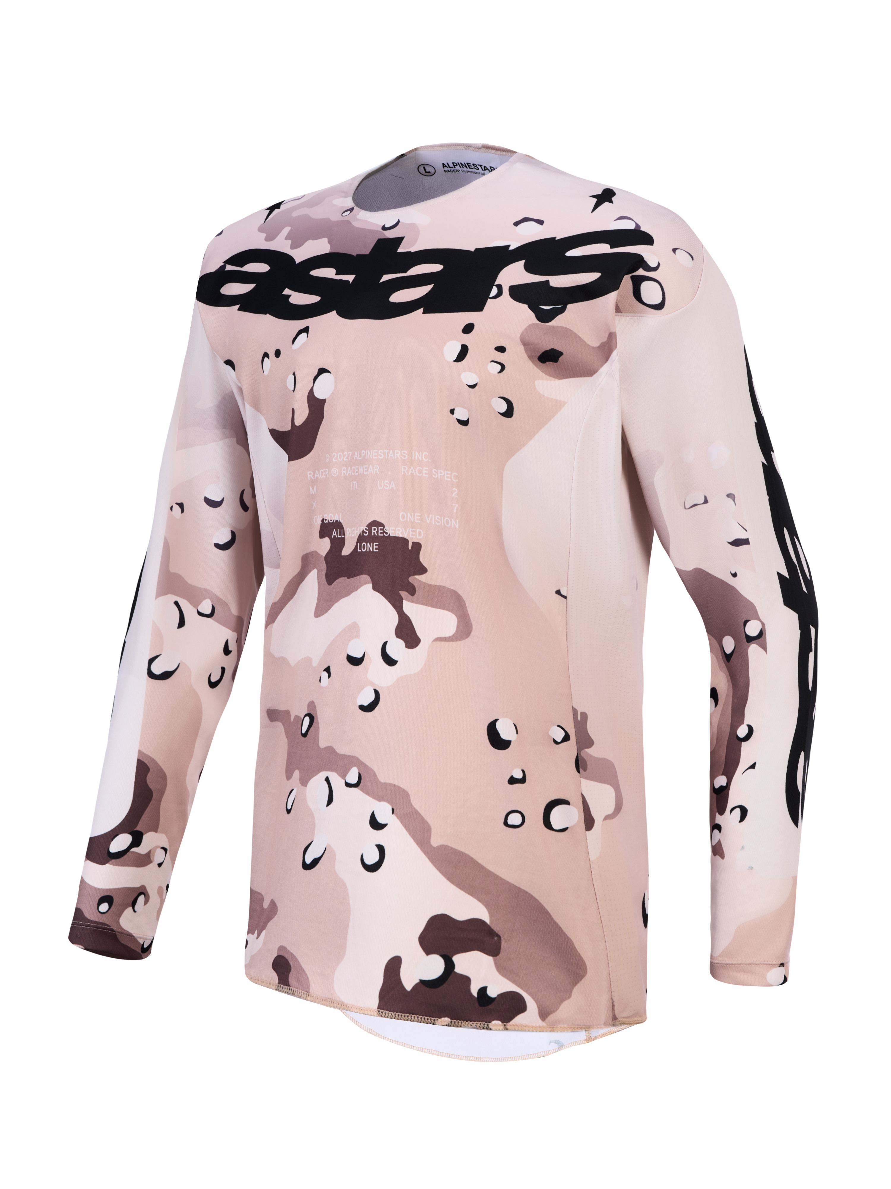 Alpinestars Racer Lone Trikot, Herren-Motocross-Oberteil in Desert-Camo und Schwarz, feuchtigkeitsableitendes Polygewebe.