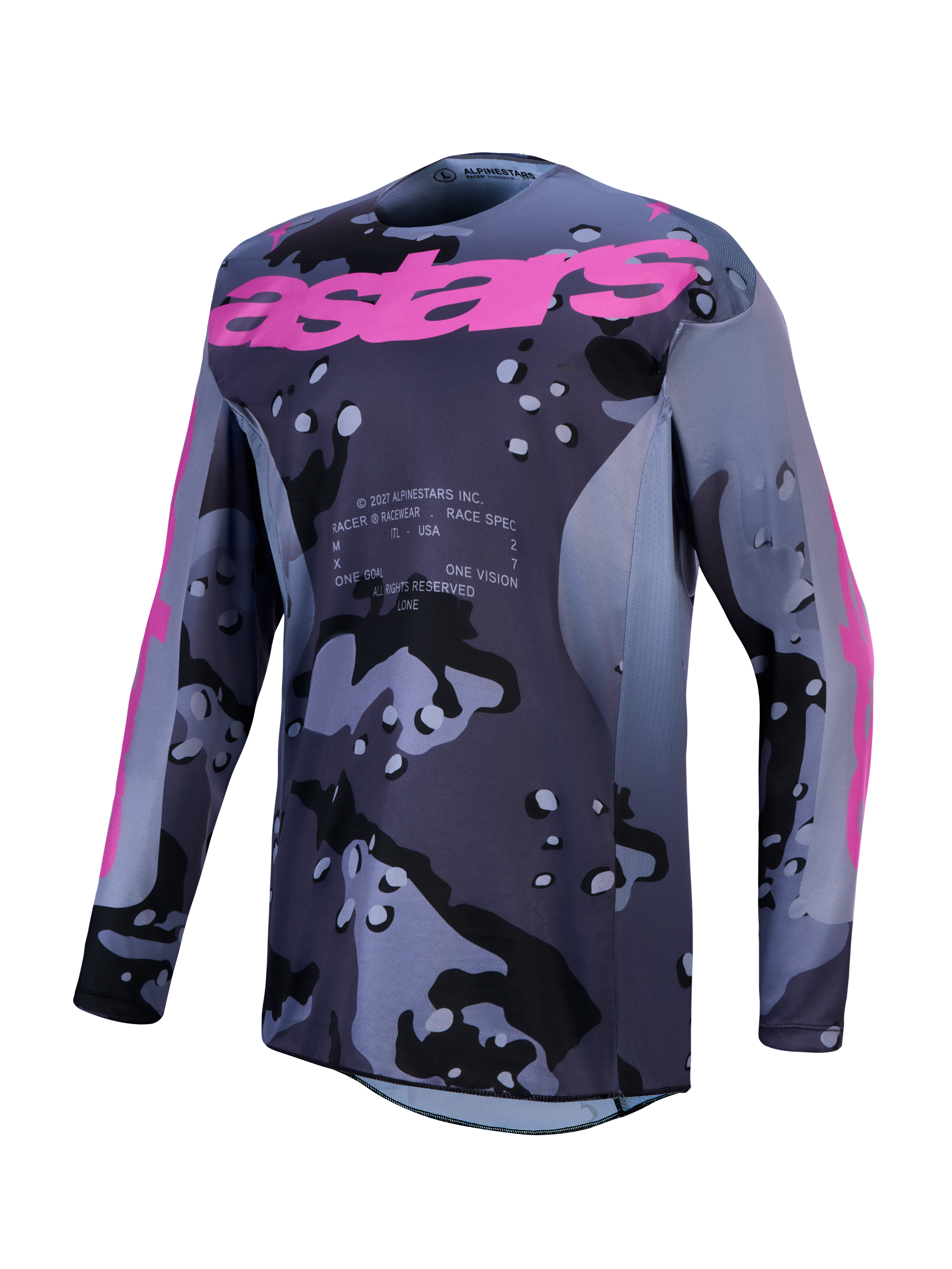 Alpinestars Racer Lone Trikot, Herren-Motocross-Trikot, Grau-Camo und Lila, feuchtigkeitsableitendes Polygewebe.