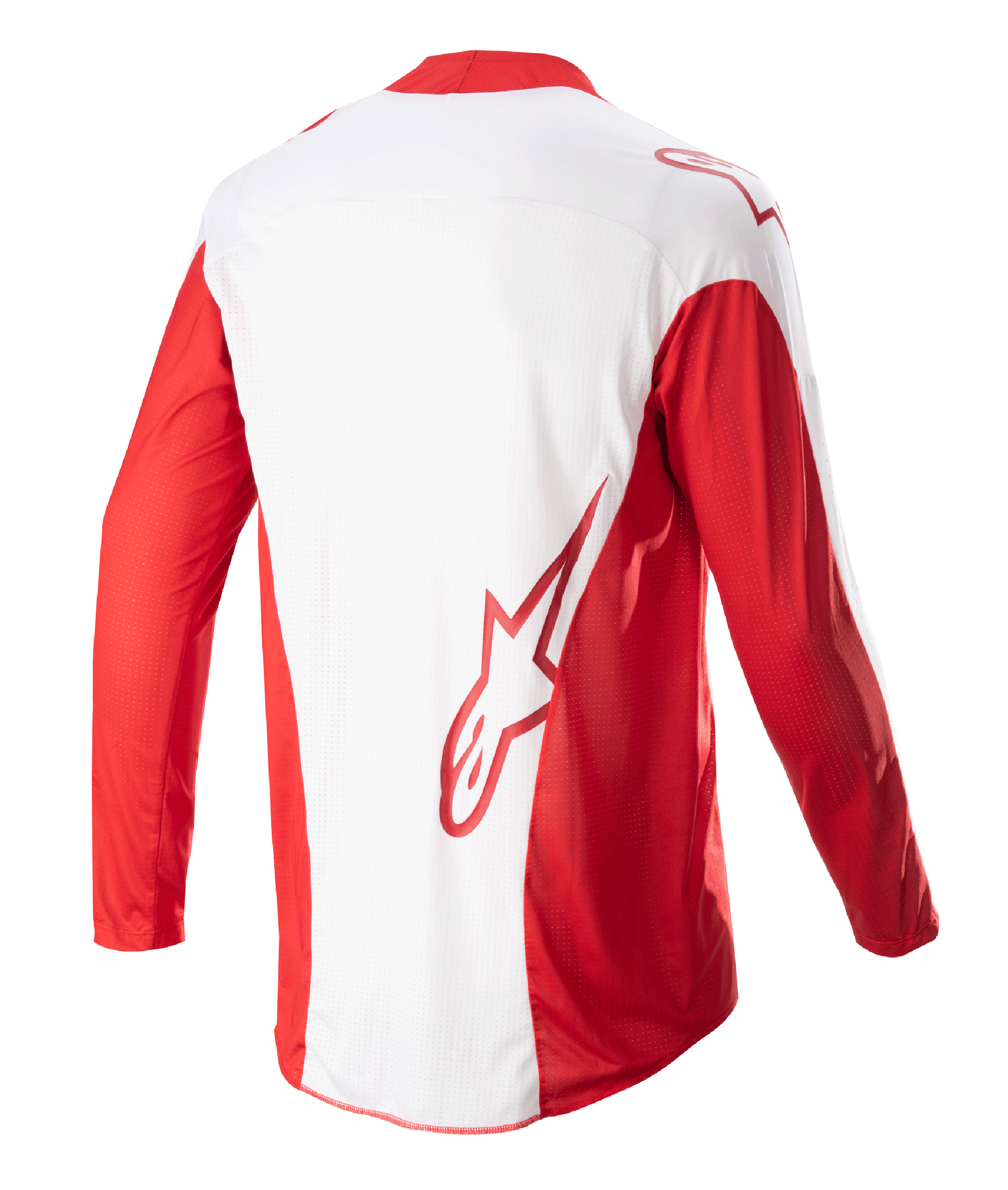 Alpinestars 2023 Techstar Arch Jersey, Motocross-Trikot, Mars Red und Weiß, Rückansicht mit weißem Mittelpaneel und roten langen Ärmeln, rotes Astars-Logo auf dem unteren Rücken, Mesh-Belüftungseinsätze und verlängerte Rückseite für optimale Abdeckung beim Offroad-Rennsport.