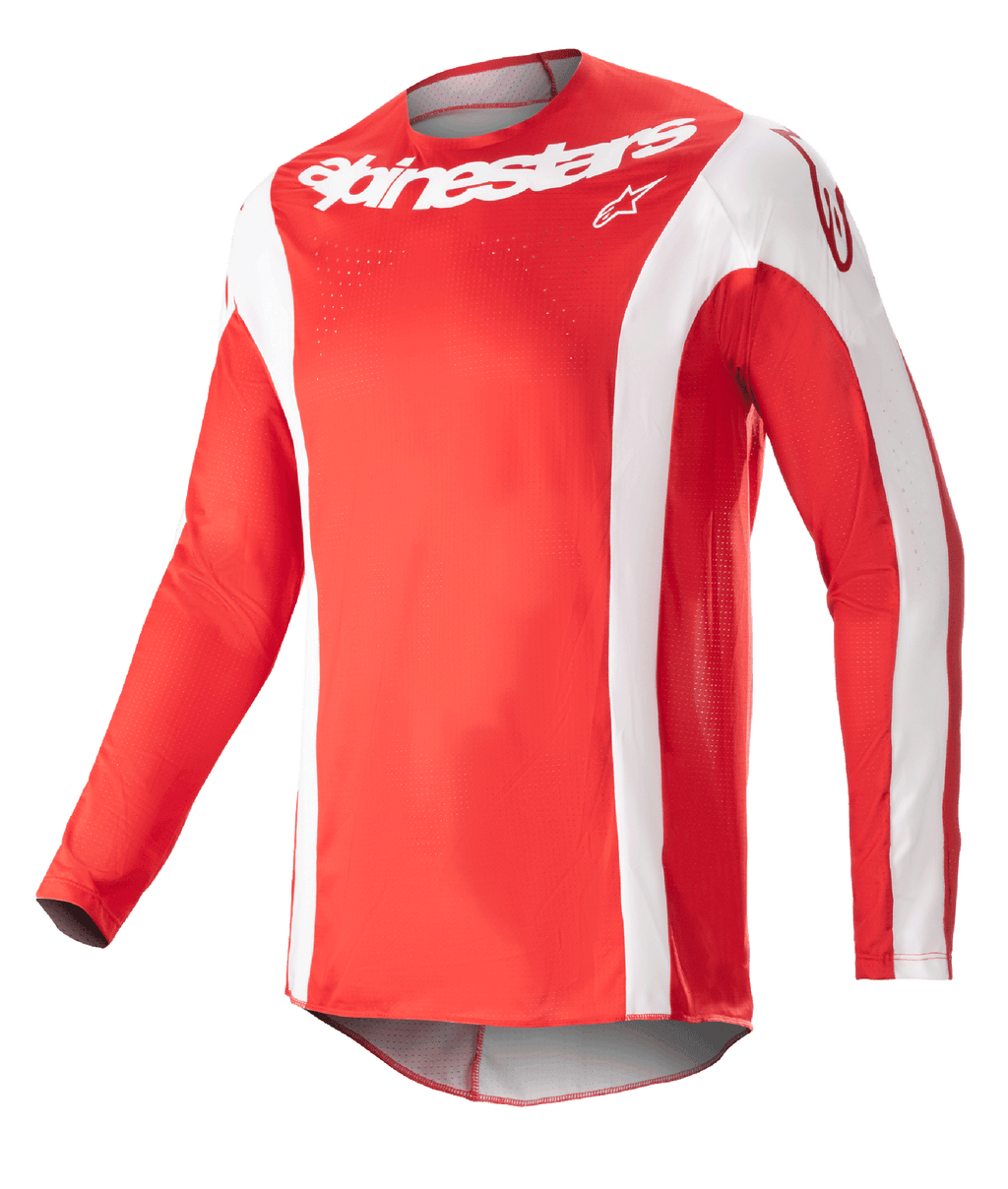Alpinestars 2023 Techstar Arch Jersey, Motocross-Trikot, Mars-Rot und Weiß, weißer Alpinestars-Schriftzug auf der Brust, perforiertes Funktionsgewebe, lange Ärmel mit weißen Akzenten, sportliches Design für Offroad-Rennsport