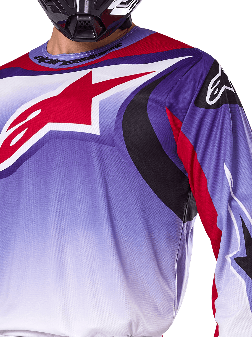 Alpinestars 2025 Fluid Wurx Trikot, Motocross-Trikot, Lila und leuchtendes Rot, Nahaufnahme eines Fahrers mit großem rotem Alpinestars-Sternlogo auf der Brust, schwarze und rote geschwungene Grafikakzente, sportliche Passform für den Offroad-Rennsport
