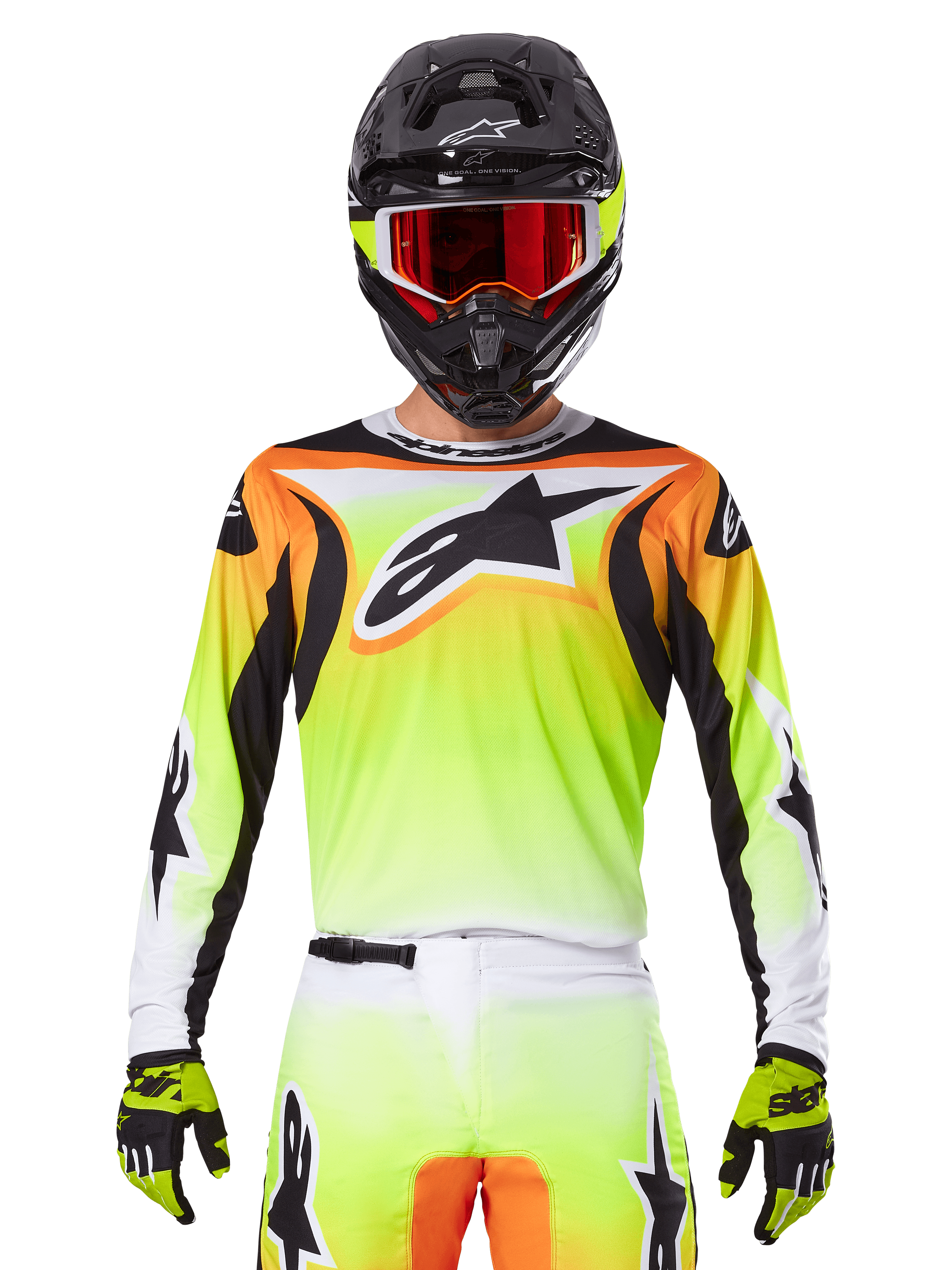 Alpinestars 2025 Fluid Wurx Trikot, Motocross-Trikot, Neongelb, Orange und Weiß, getragen mit passender Hose und schwarzem Helm mit roter Brille, komplette MX-Ausrüstung am Fahrer