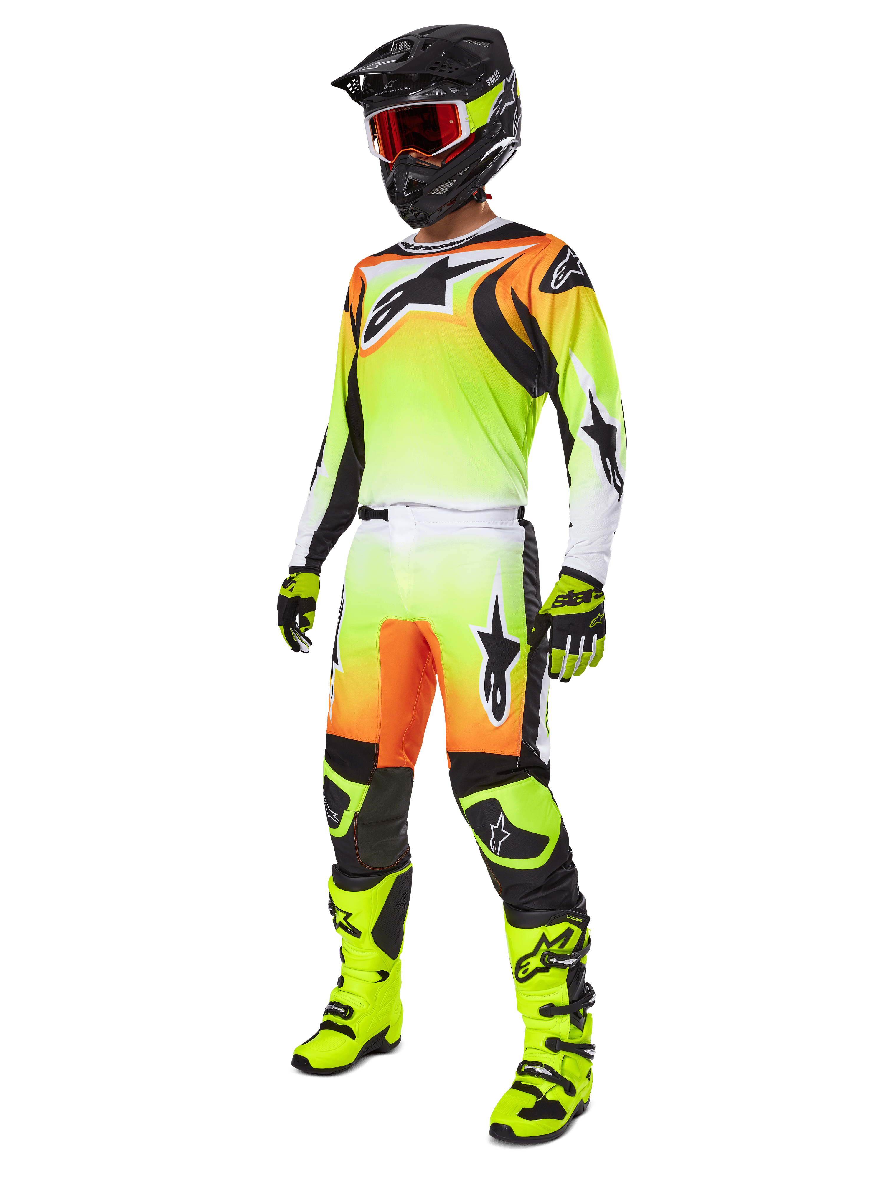 Alpinestars 2025 Fluid Wurx Gear Set, Motocross-Rennoutfit, Farbverlauf in Neongelb und Orange, Komplettset mit Jersey und Hose, schwarzer Helm mit orangefarbenen Goggles, neongelbe Stiefel und Handschuhe, athletisches Design für Offroad-Performance