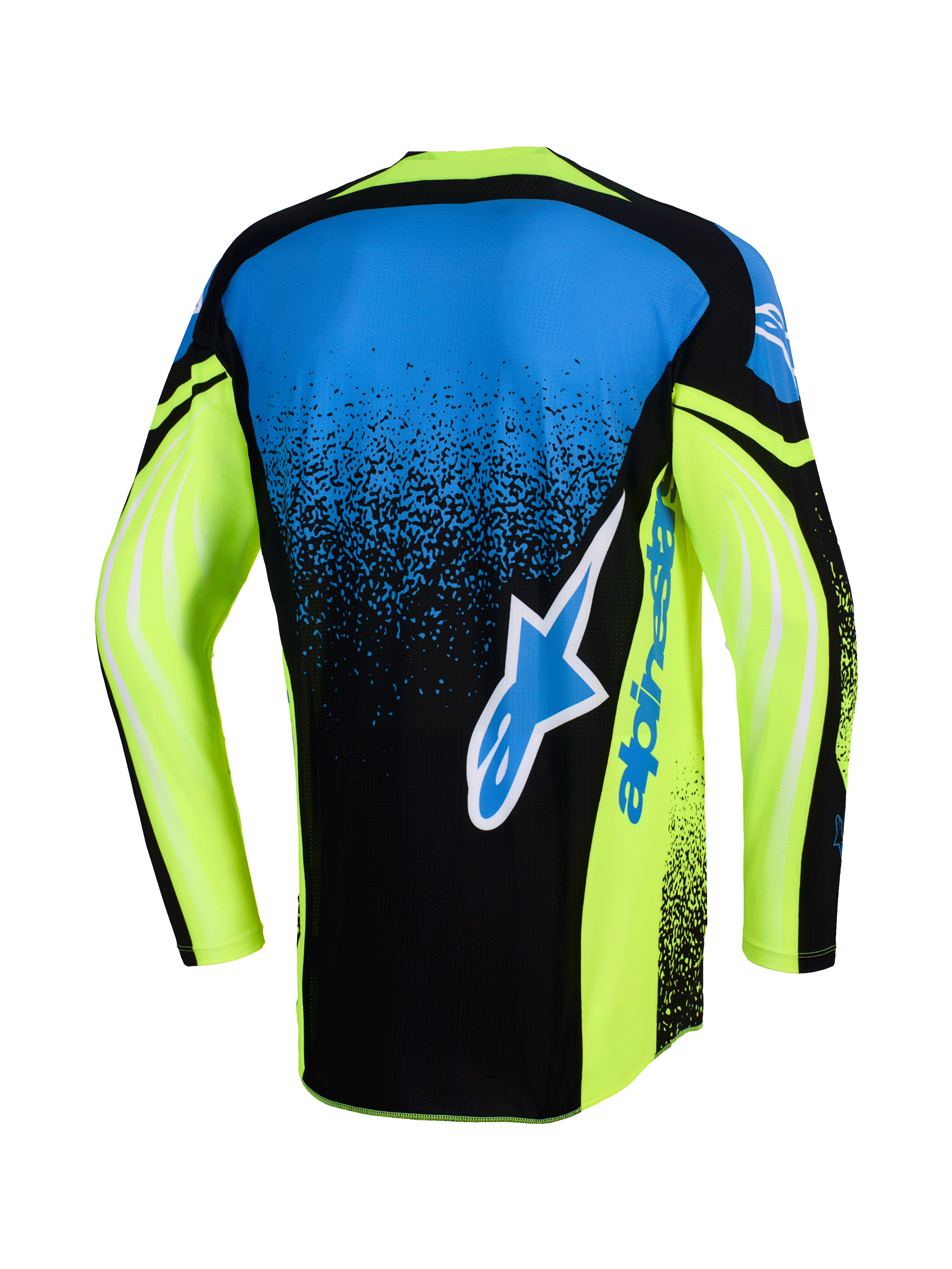 Alpinestars 2026 Techstar Nomur Trikot, Rückansicht, Motocross-Trikot, Dunkelblau, Gelb Fluo und Blau, mit großem Alpinestars-Logo auf der Rückseite, neongelben Ärmeln mit grafischen Akzenten und einer athletischen Rennpassform.
