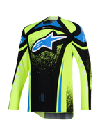Alpinestars 2026 Techstar Nomur Trikot, Motocross-Trikot, Fluo-Gelb und Schwarz mit blauen Akzenten, großes blau-weißes Astar-Logo auf der Brust, Splatter-Grafikdetails, langärmlig, sportliche Offroad-Rennausrüstung