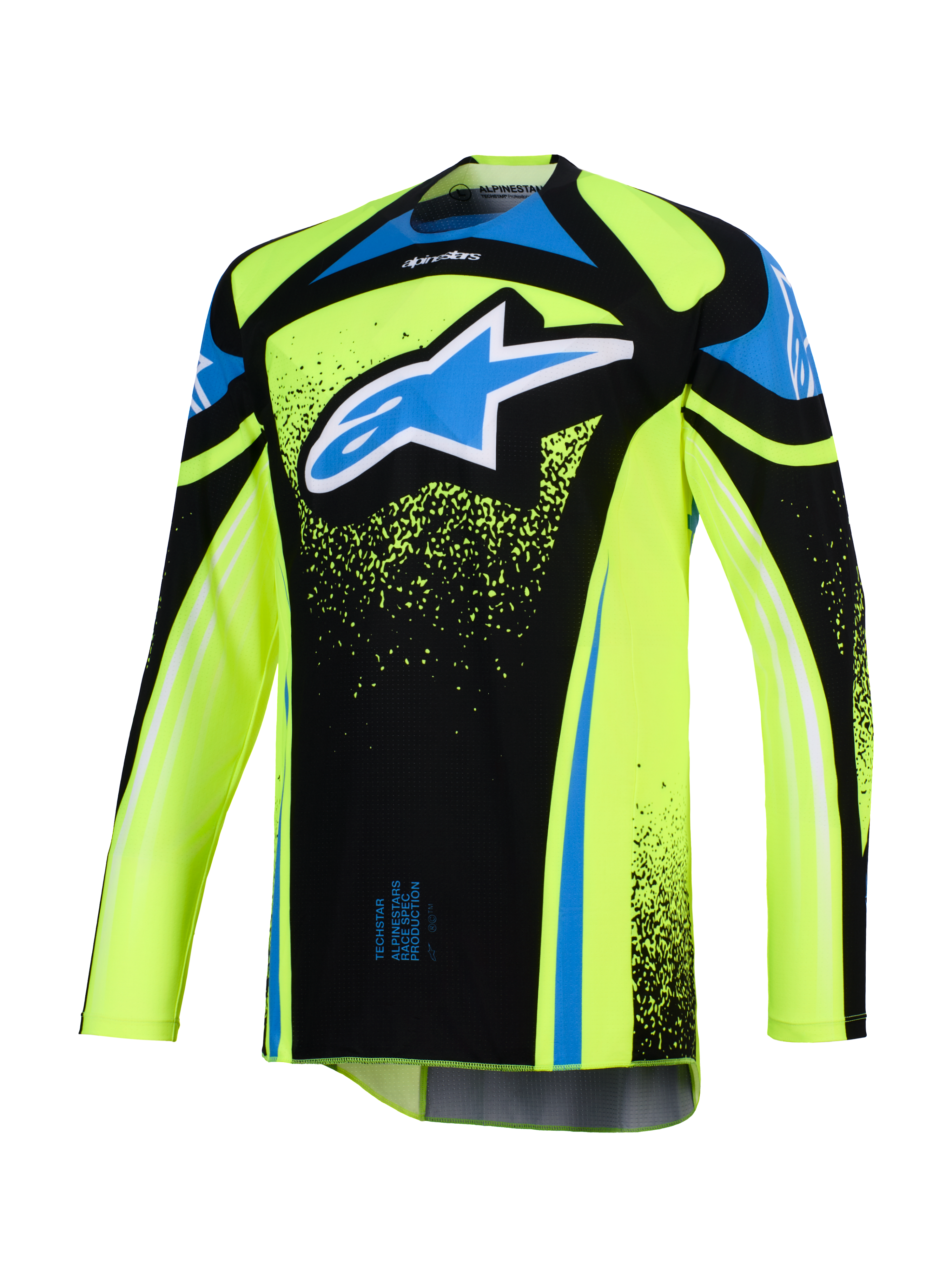 Alpinestars 2026 Techstar Nomur Trikot, Motocross-Trikot, Fluo-Gelb und Schwarz mit blauen Akzenten, großes blau-weißes Astar-Logo auf der Brust, Splatter-Grafikdetails, langärmlig, sportliche Offroad-Rennausrüstung