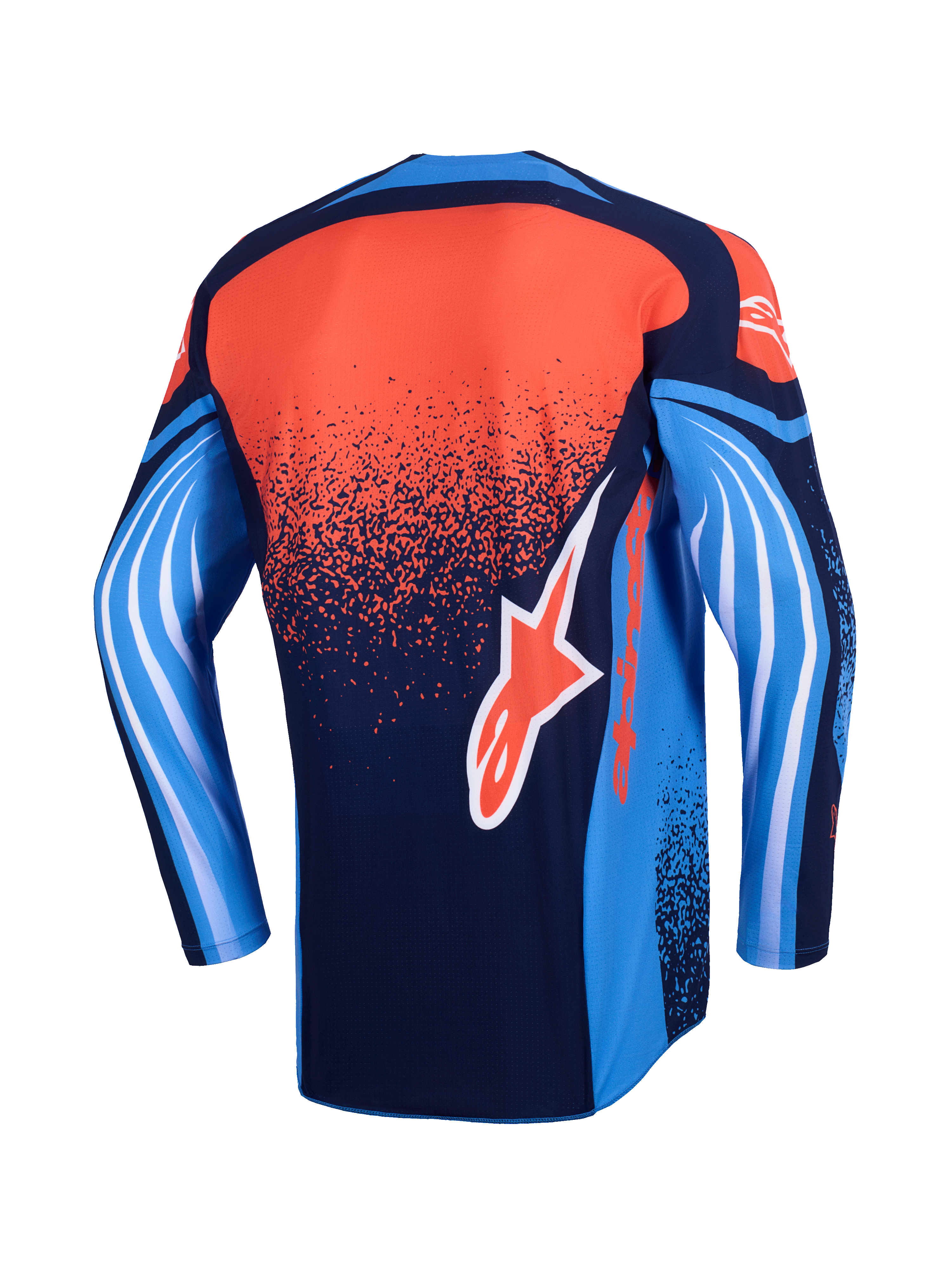Alpinestars 2026 Techstar Nomur Trikot, Motocross-Trikot, Rückansicht, Dunkelblau, Orange und UCLA-Blau, mit gesprenkeltem orangefarbenem Farbverlauf auf dem Rücken, blauen Ärmeln mit weißen wellenförmigen Grafiken und einem orangefarbenen Alpinestars-Logo auf dem unteren Rücken.