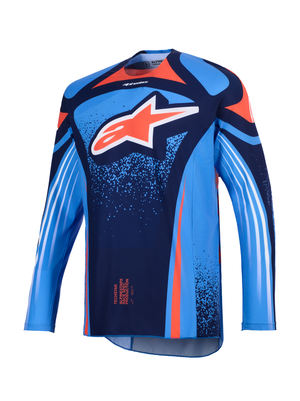 Alpinestars 2026 Techstar Nomur Trikot, Motocross-Trikot, Dunkelblau und UCLA-Blau mit orangefarbenen Akzenten, großes weißes Astars-Logo auf der Brust, weiße diagonale Streifen auf den langen Ärmeln, leichte athletische Rennpassform für Offroad-Performance