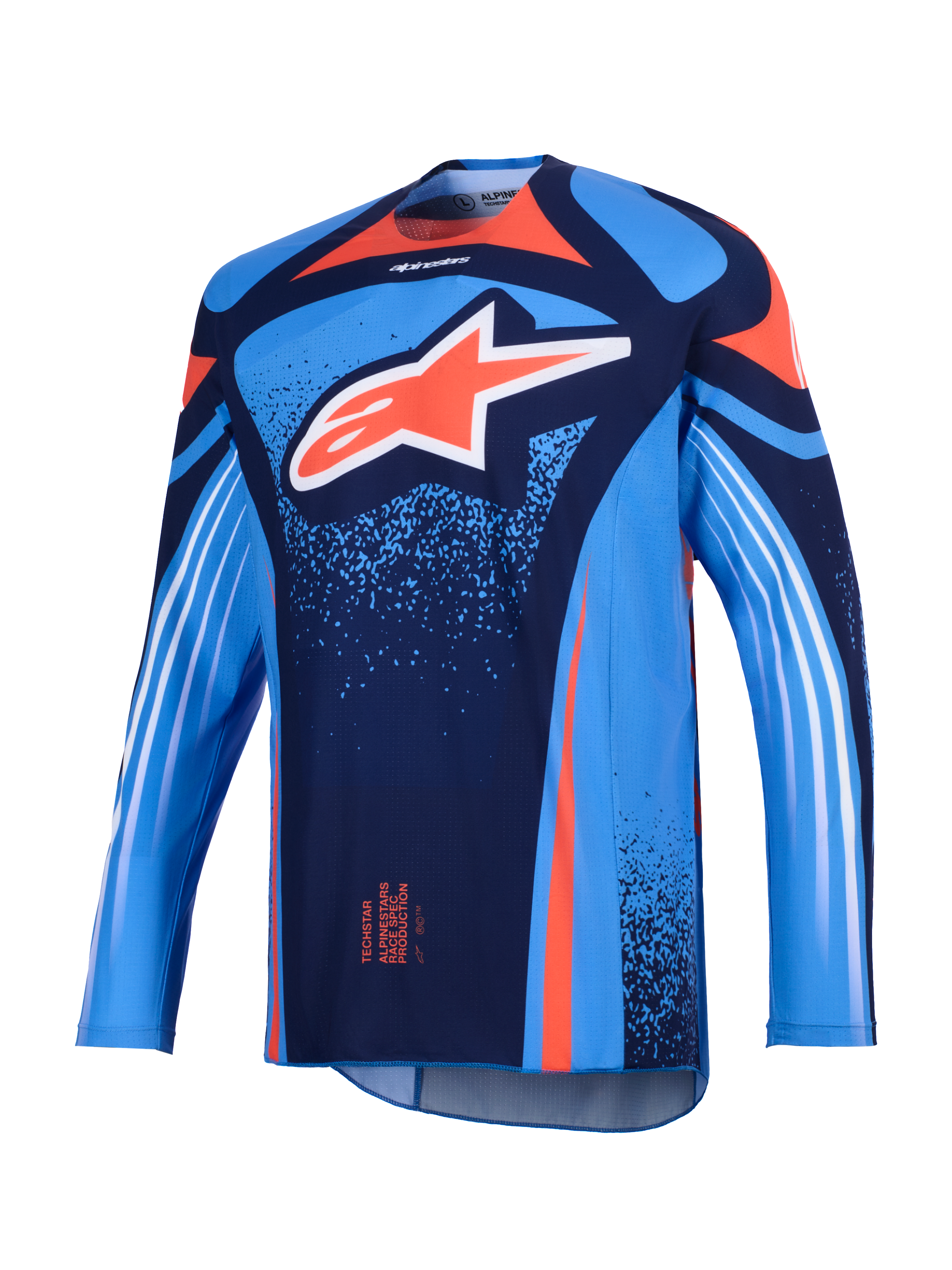 Alpinestars 2026 Techstar Nomur Trikot, Motocross-Trikot, Dunkelblau und UCLA-Blau mit orangefarbenen Akzenten, großes weißes Astars-Logo auf der Brust, weiße diagonale Streifen auf den langen Ärmeln, leichte athletische Rennpassform für Offroad-Performance