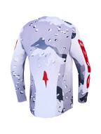 Alpinestars Racer Air Lone Trikot, Motocross-Rückansicht, Grau und Weiß mit Camouflage-Muster und roten Akzenten, belüftetes Mesh.