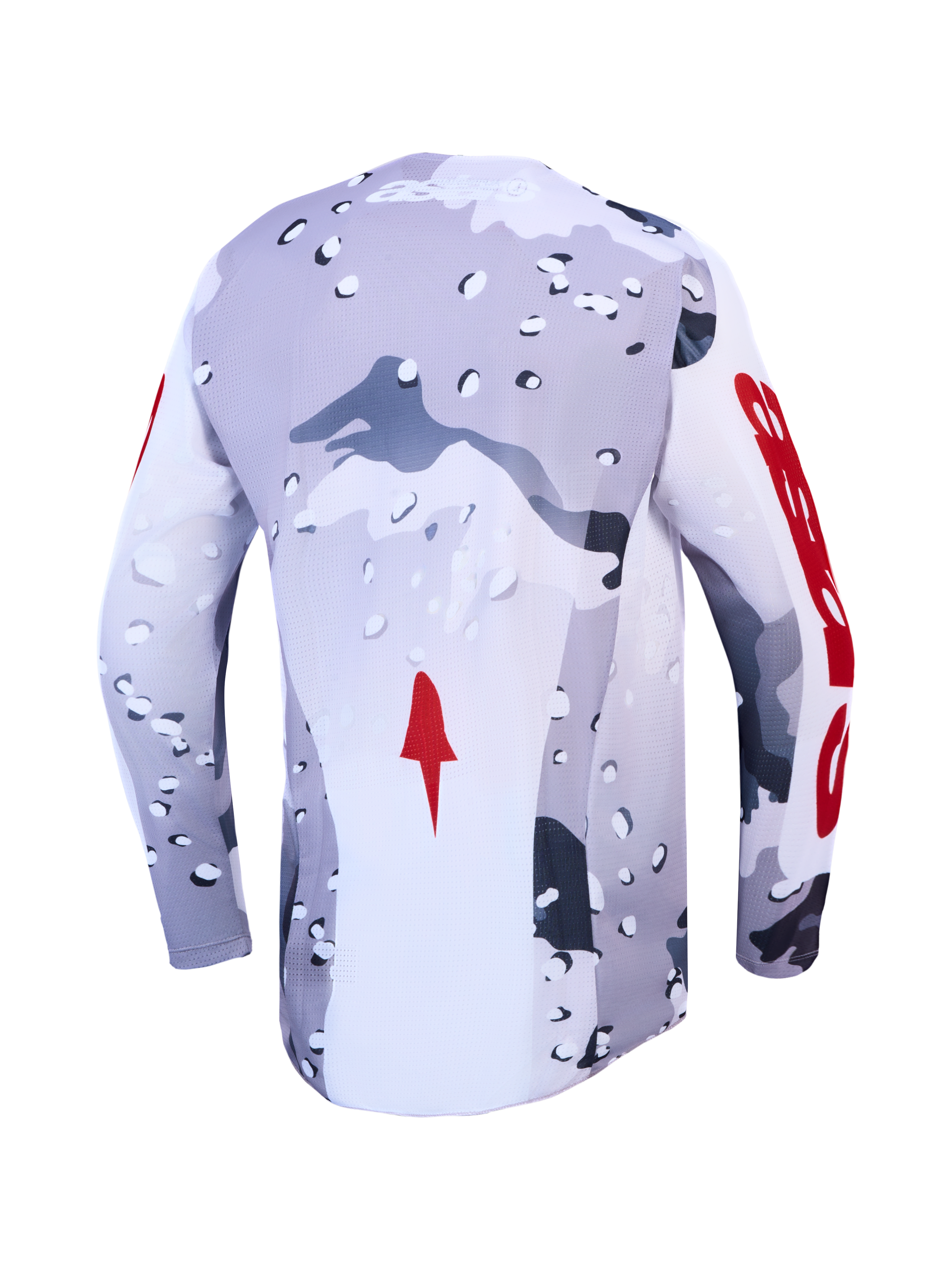 Alpinestars Racer Air Lone Trikot, Motocross-Rückansicht, Grau und Weiß mit Camouflage-Muster und roten Akzenten, belüftetes Mesh.