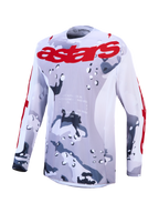 Alpinestars 2027 Racer Air Lone Trikot, Grau und Weiß, Camouflage-Muster, rotes Logo, atmungsaktives Mesh für Motocross.