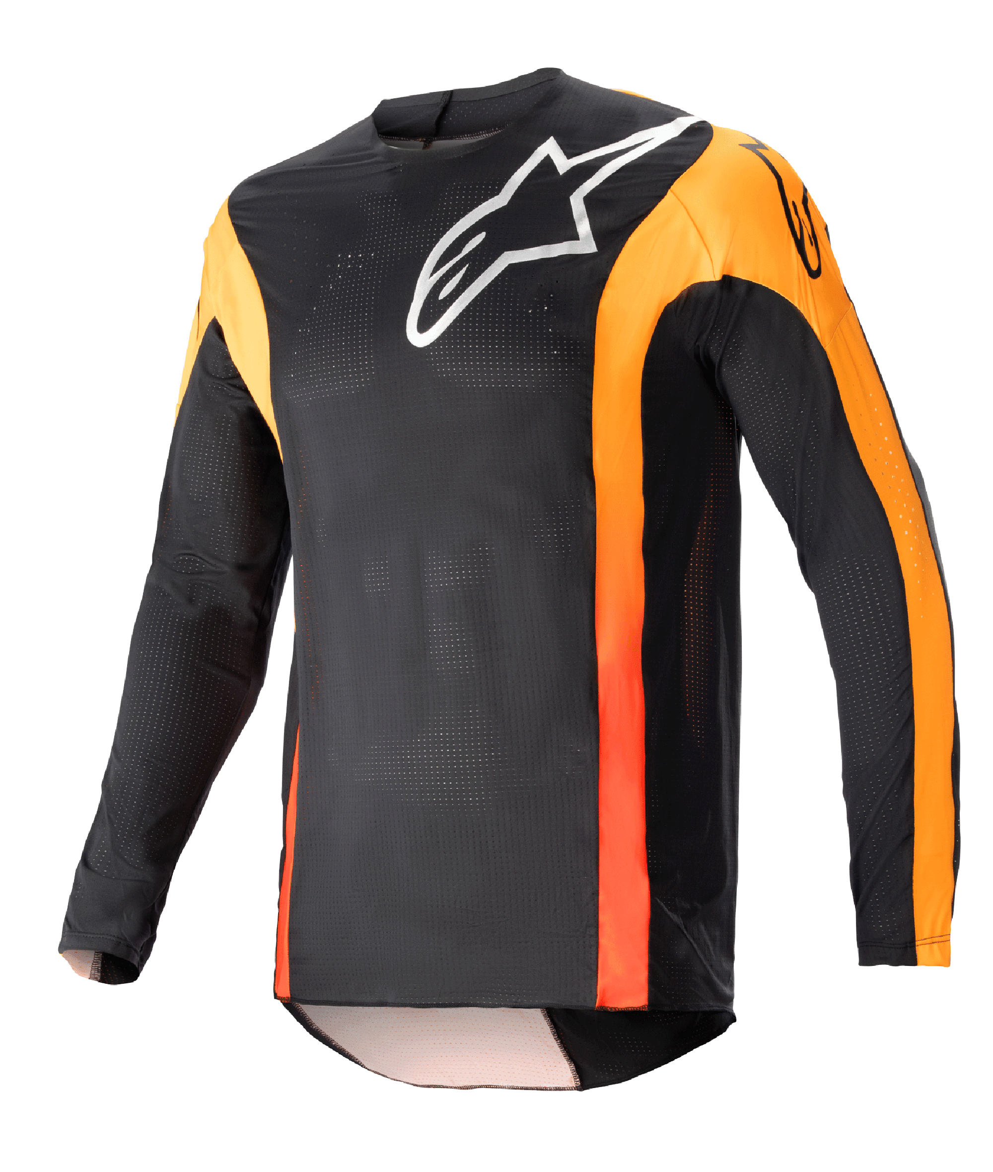 Alpinestars 2023 Techstar Sein Jersey, Motocross Long-Sleeve Jersey, Black with Hot Orange accents, White Alpinestars logo on chest, lightweight breathable mesh fabric, athletic race fit