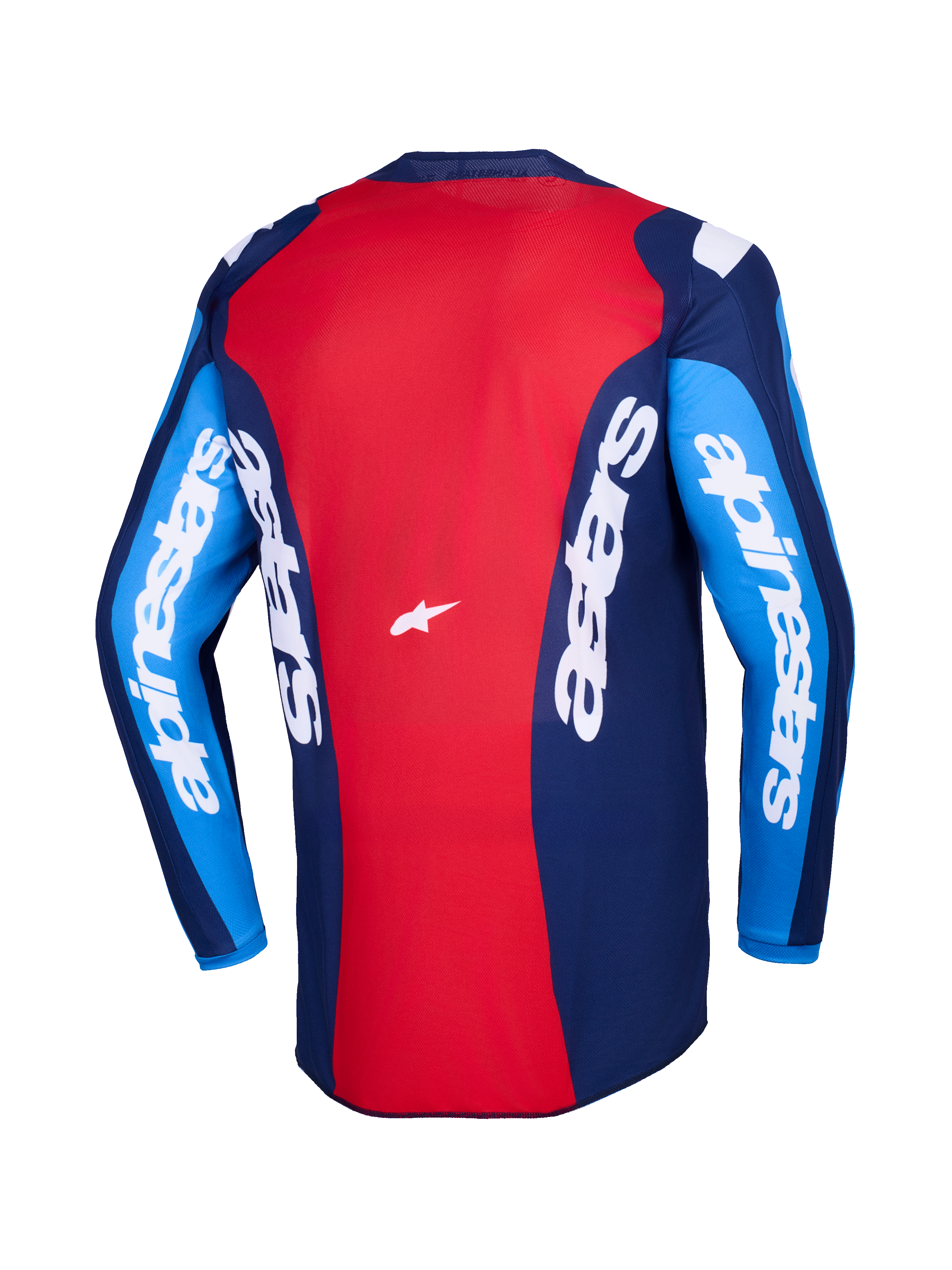 Alpinestars 2026 Fluid Grid Trikot, Rückansicht, rot-blaues Motocross-Trikot, mit markantem weißem Alpinestars-Branding auf Ärmeln und Rücken, leichtes Polygewebe-Design für Offroad-Fahrten