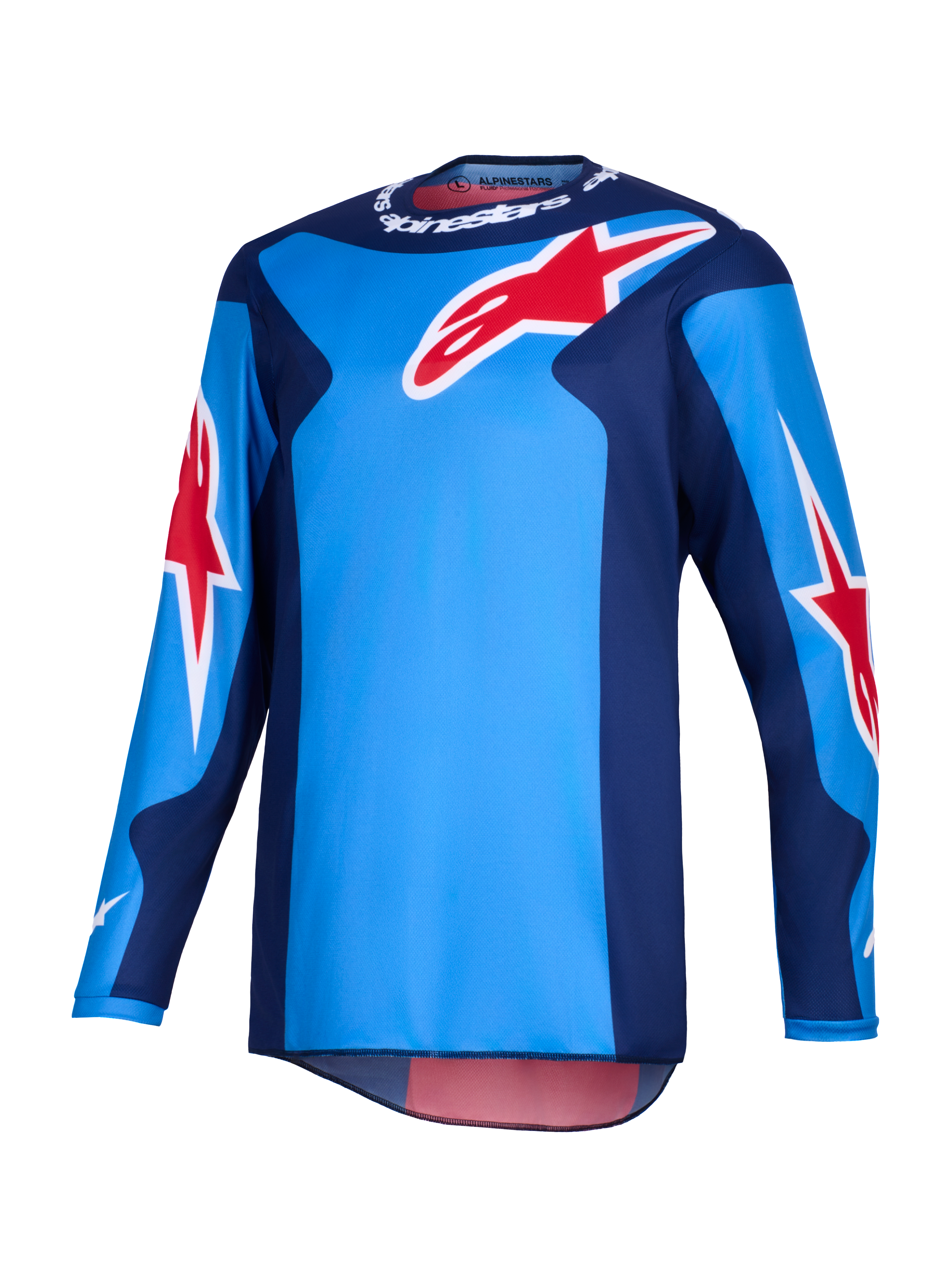 Alpinestars 2026 Fluid Grid Jersey, Motocross-Trikot, Blau und Rot, mit großen roten Alpinestars-Sternlogos, dunkelblauen Seiteneinsätzen, leichte Polygewebe-Konstruktion mit verlängerter Rückenpartie für Offroad-Fahrten
