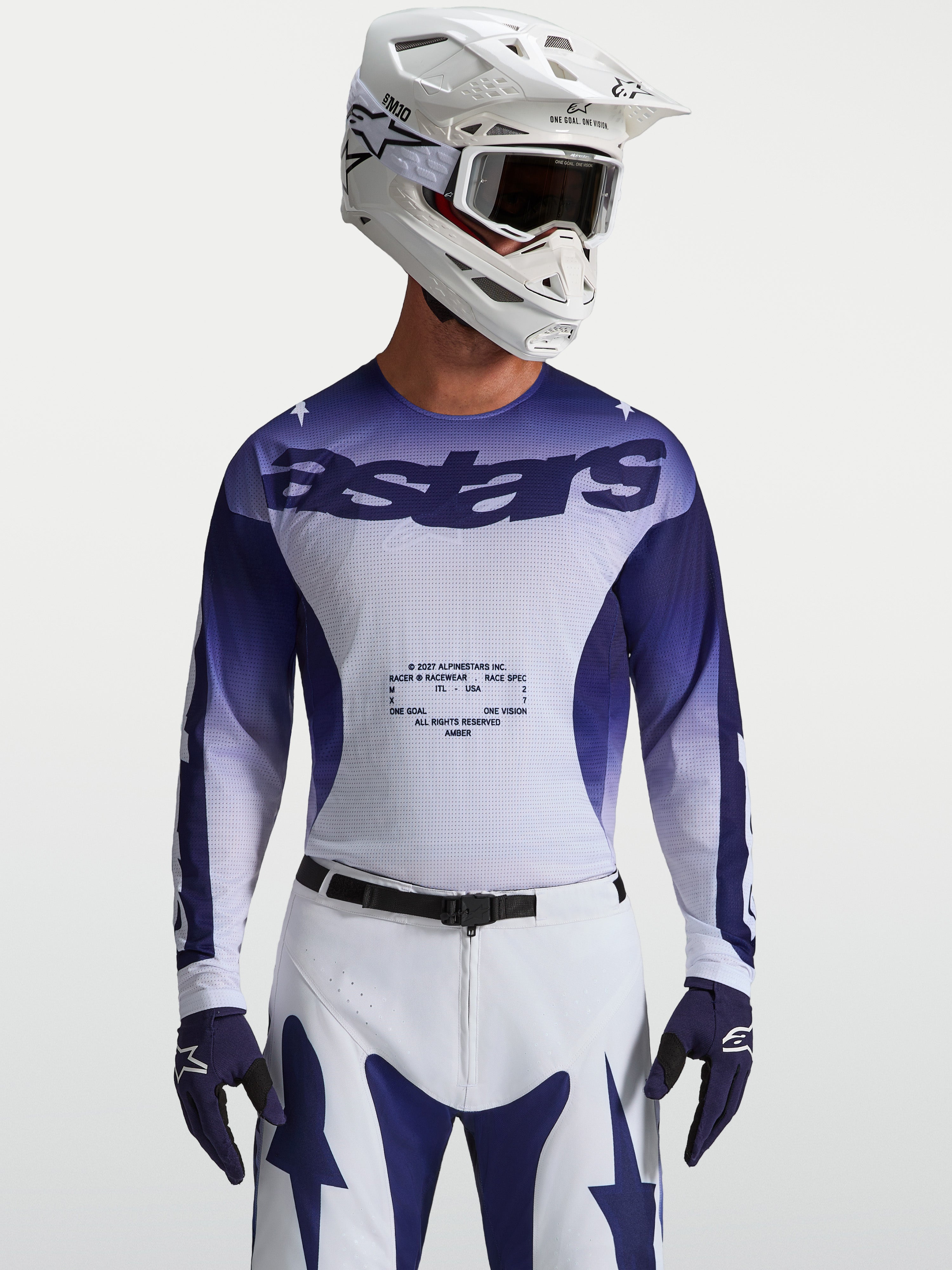 Alpinestars Racer Air Amber Trikot, blau-weißes Motocross-Langarmshirt aus atmungsaktivem Mesh-Gewebe für Herren.