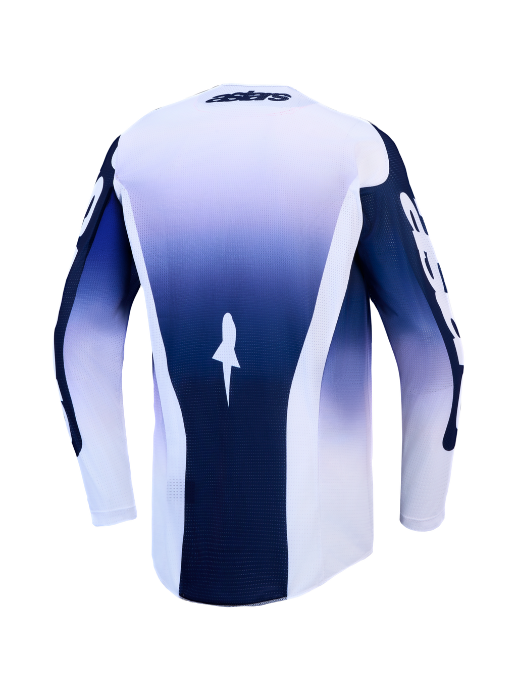 Alpinestars Racer Air Amber Trikot, blau-weißes Motocross-Trikot, Rückseite aus atmungsaktivem Mesh mit verlängertem Saum.