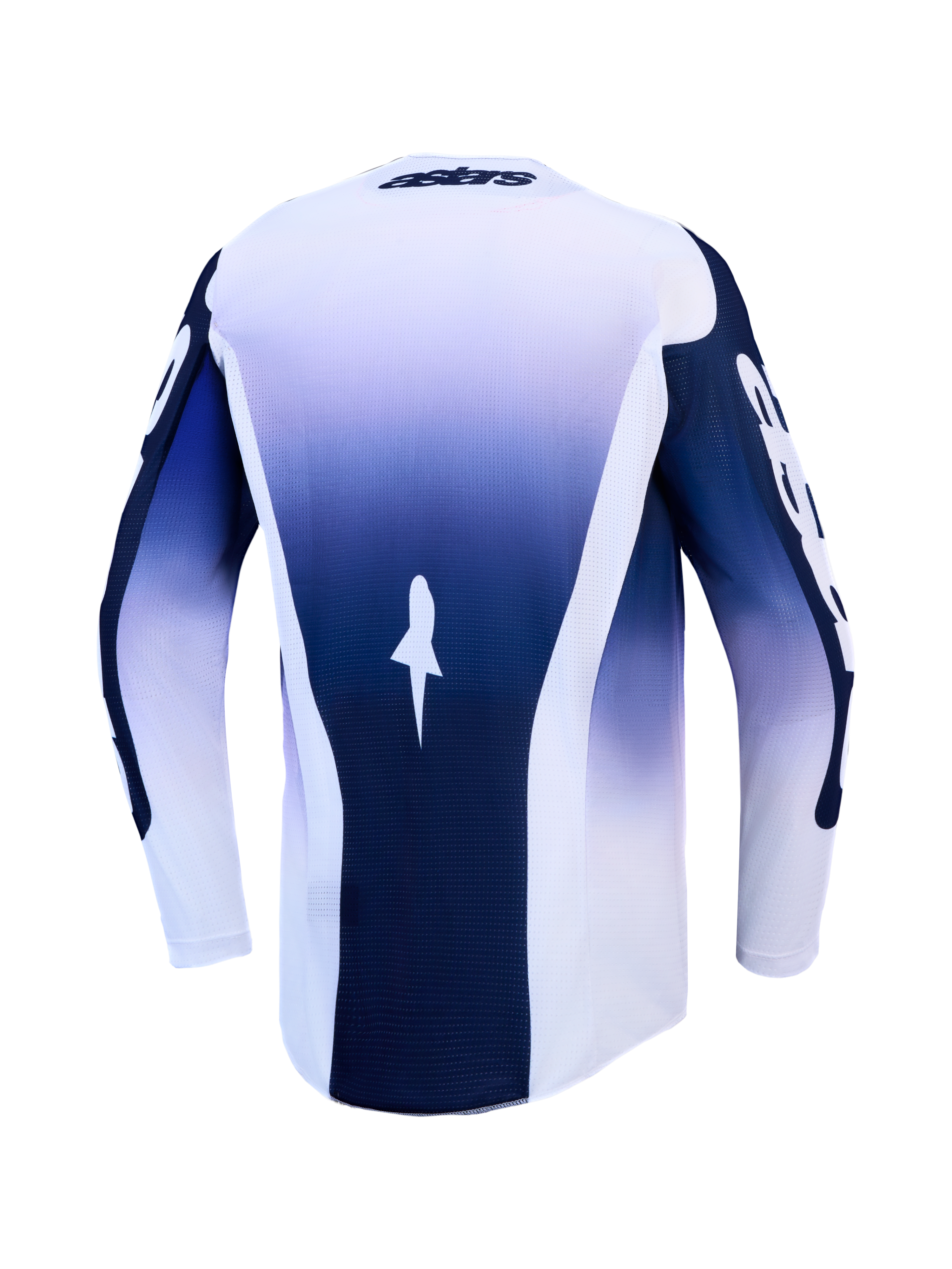 Alpinestars Racer Air Amber Trikot, blau-weißes Motocross-Trikot, Rückseite aus atmungsaktivem Mesh mit verlängertem Saum.