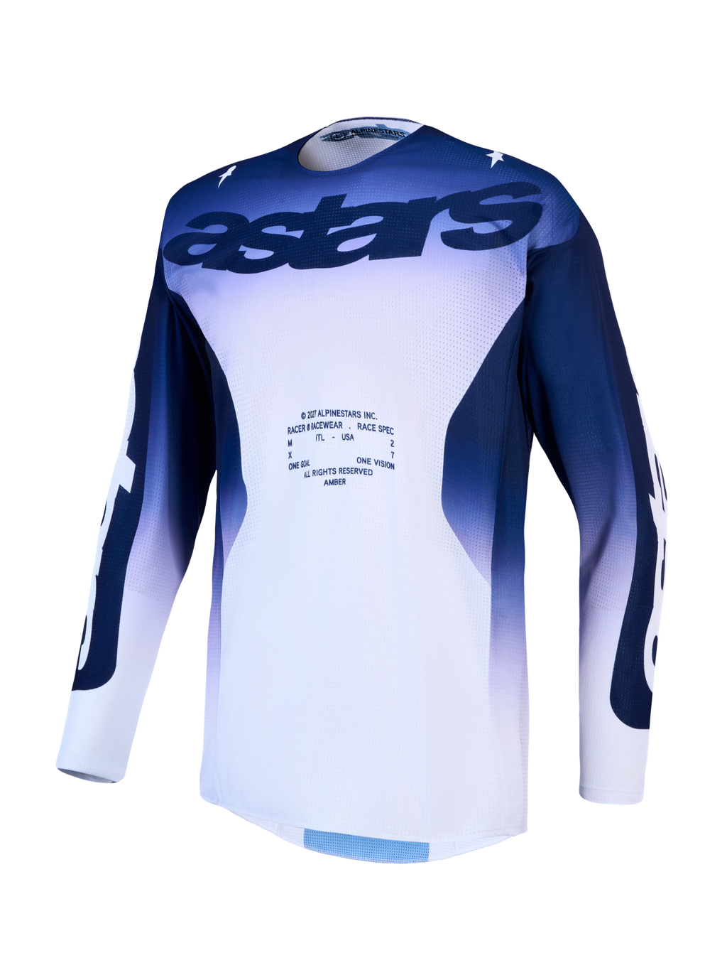 Alpinestars Racer Air Amber Herren-Motocross-Trikot in Blau und Weiß mit belüftetem Mesh-Gewebe.