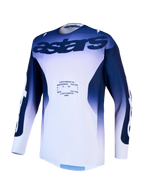 Alpinestars Racer Air Amber Herren-Motocross-Trikot in Blau und Weiß mit belüftetem Mesh-Gewebe.