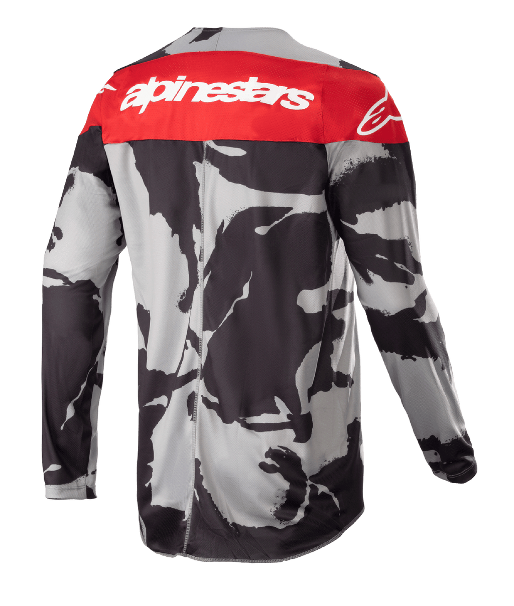 Alpinestars 2023 Racer Tactical Jersey, Motocross Jersey, Cast Gray Camo and Mars Red, back view featuring a red upper panel with white Alpinestars logo and a gray-black camouflage pattern, lightweight off-road performance apparel