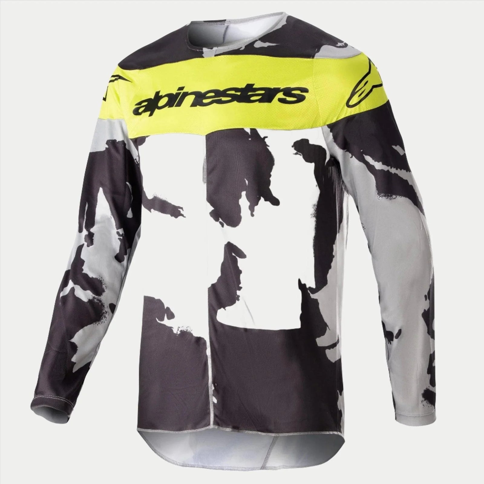 Alpinestars 2023 Racer Tactical Jersey, Motocross Jersey, Cast Gray Camo and Yellow Fluo, featuring a gray and black camouflage pattern with a bright yellow chest panel and Alpinestars logo, durable long-sleeve performance gear for off-road racing