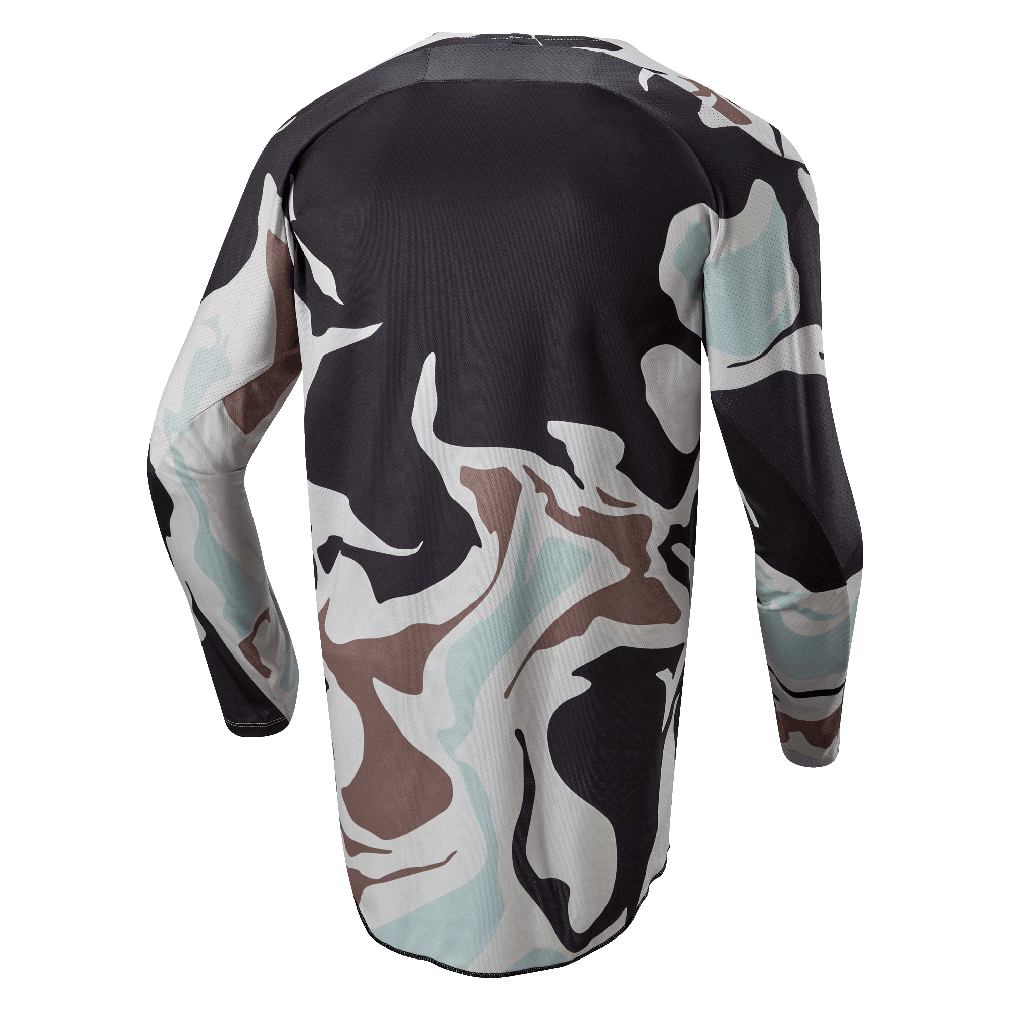 Alpinestars 2024 Racer Tactical Jersey, Iron Camo Dust Gray, Rückansicht des langärmeligen Motocross-Trikots mit Camouflage-Muster in Grau, Schwarz, Hellblau und Hellbraun, verlängerter Rückensaum für zusätzliche Abdeckung.